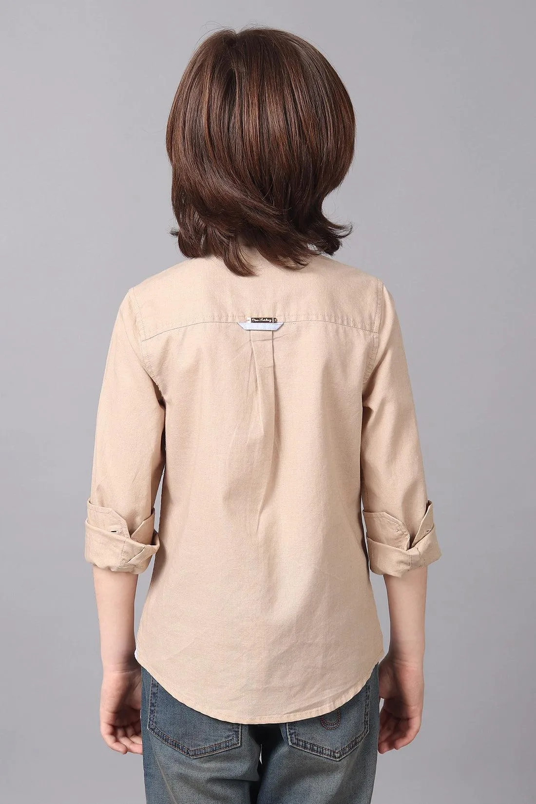 One Friday Kids Boys Beige 100% Cotton Band Collar Full Sleeves Patch Pocket Shirt