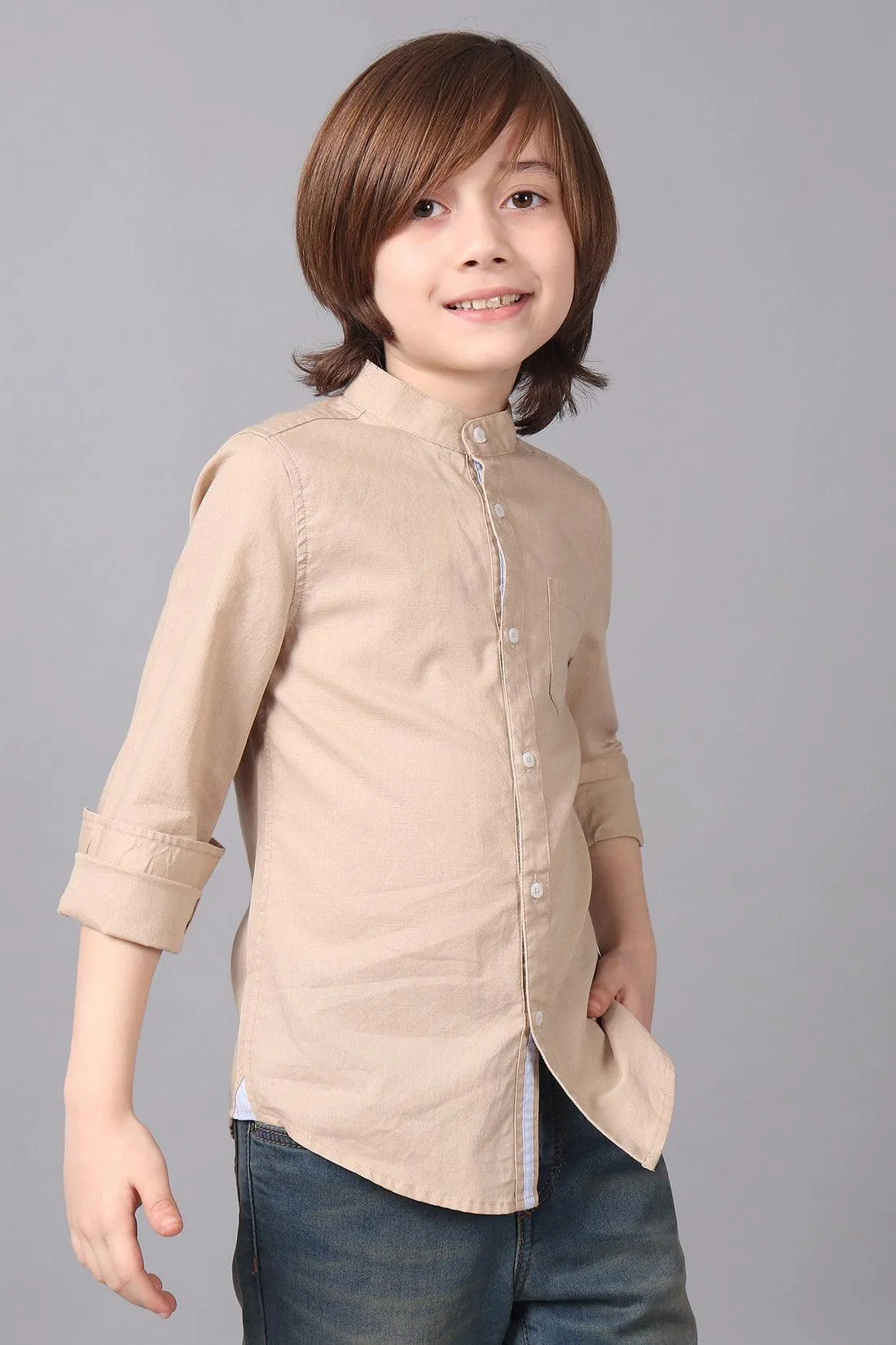 One Friday Kids Boys Beige 100% Cotton Band Collar Full Sleeves Patch Pocket Shirt