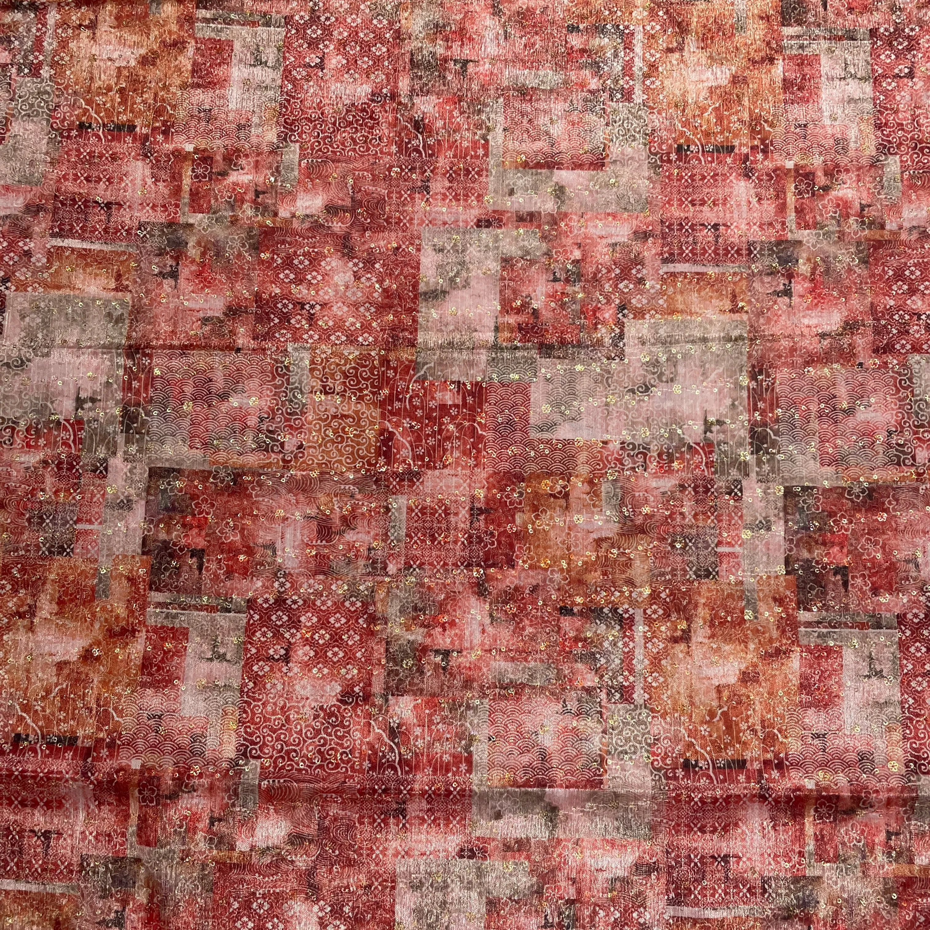 Peach & multicolor Traditional print Chinon Fabric