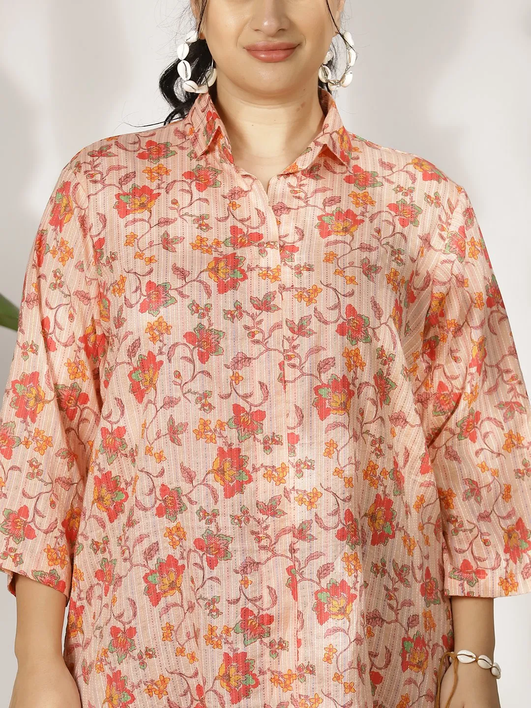 PeachFloral Cotton ShirtTop