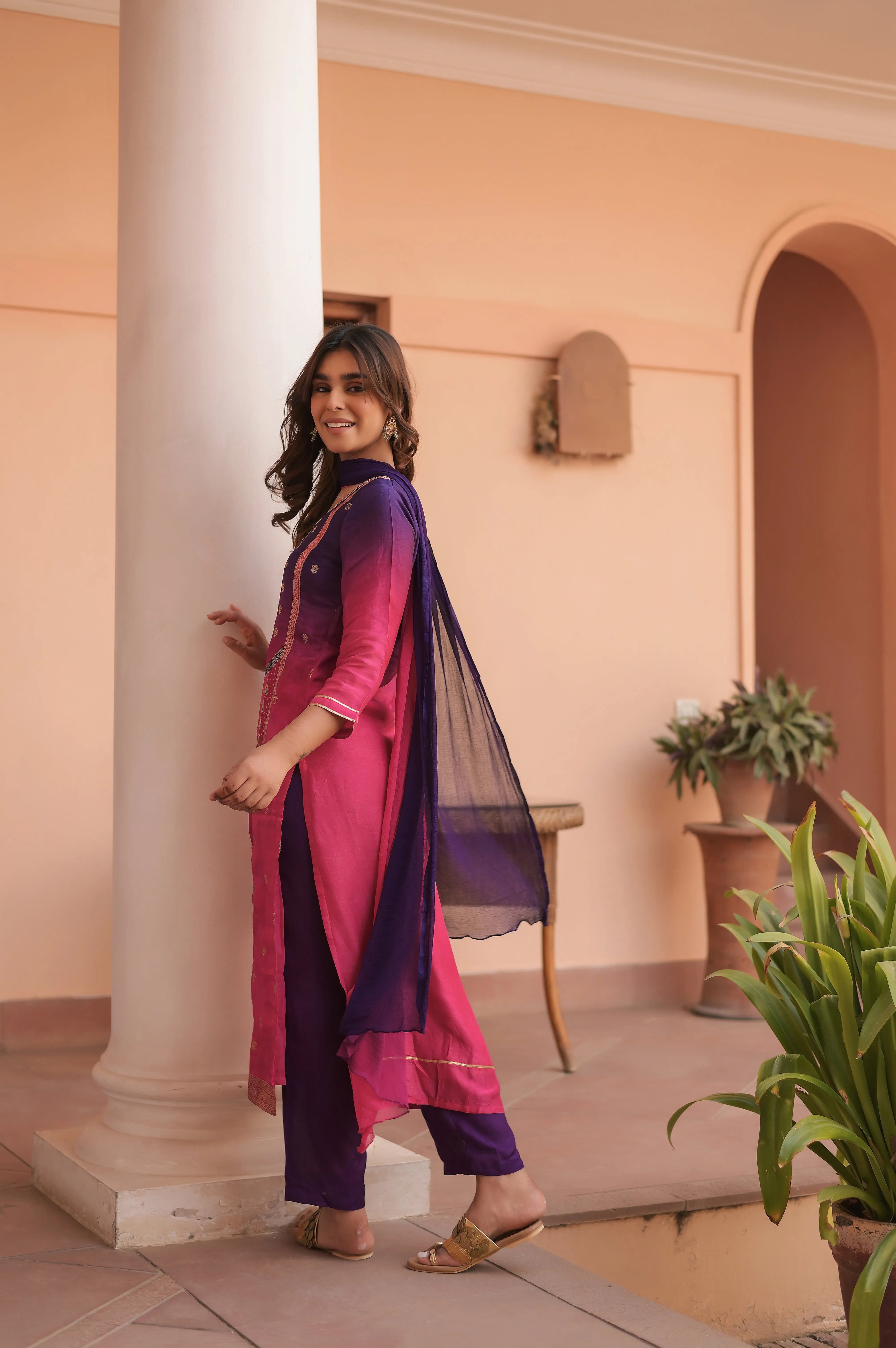 Pink Blue Harmony Kurta Set With Dupatta