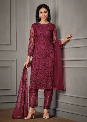 Pinkish Maroon Wedding Wear Net Embroidered Salwar Suit