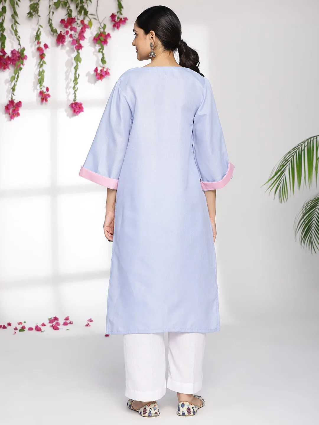 PowderBlue LongKurta & White Pants