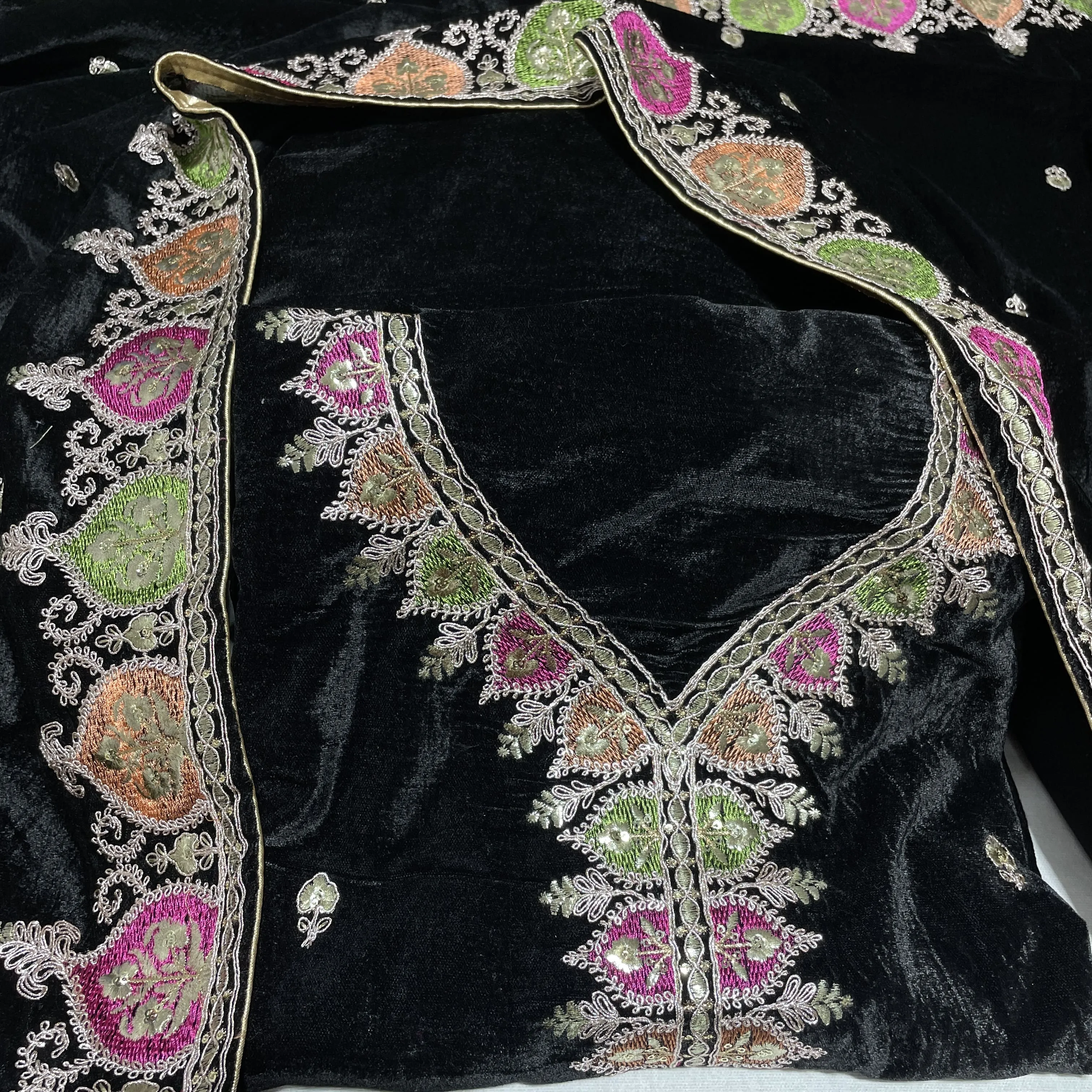 Premium Black Multicolor Thread Sequins Embroidery Velvet Suit Set With Dupatta