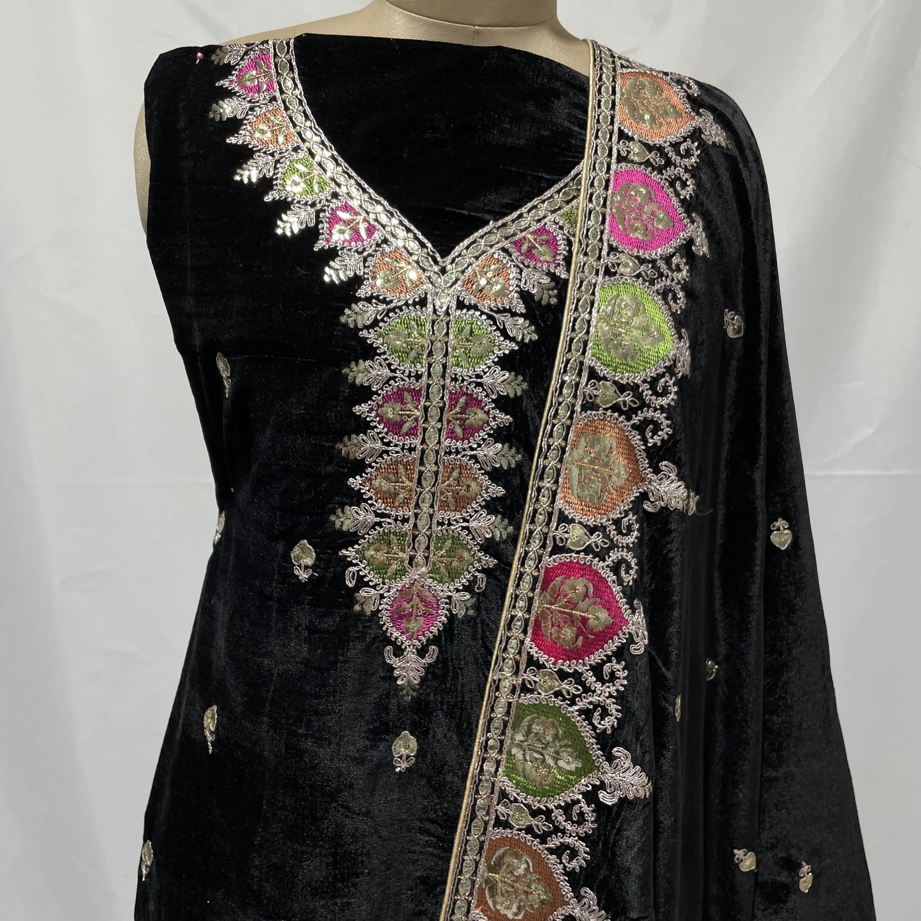 Premium Black Multicolor Thread Sequins Embroidery Velvet Suit Set With Dupatta