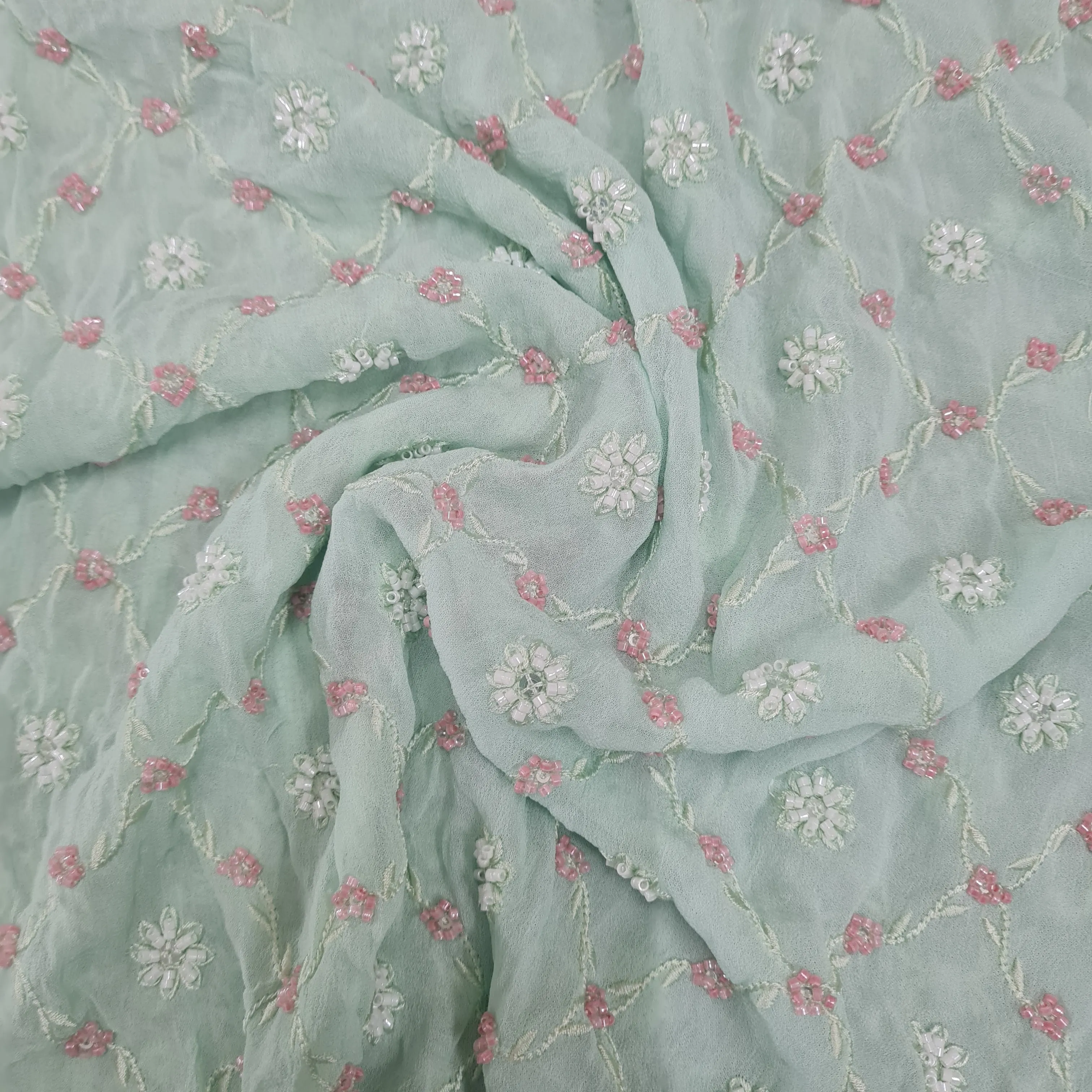 Premium Mint Green Floral CutDana Embroidery Georgette Fabric