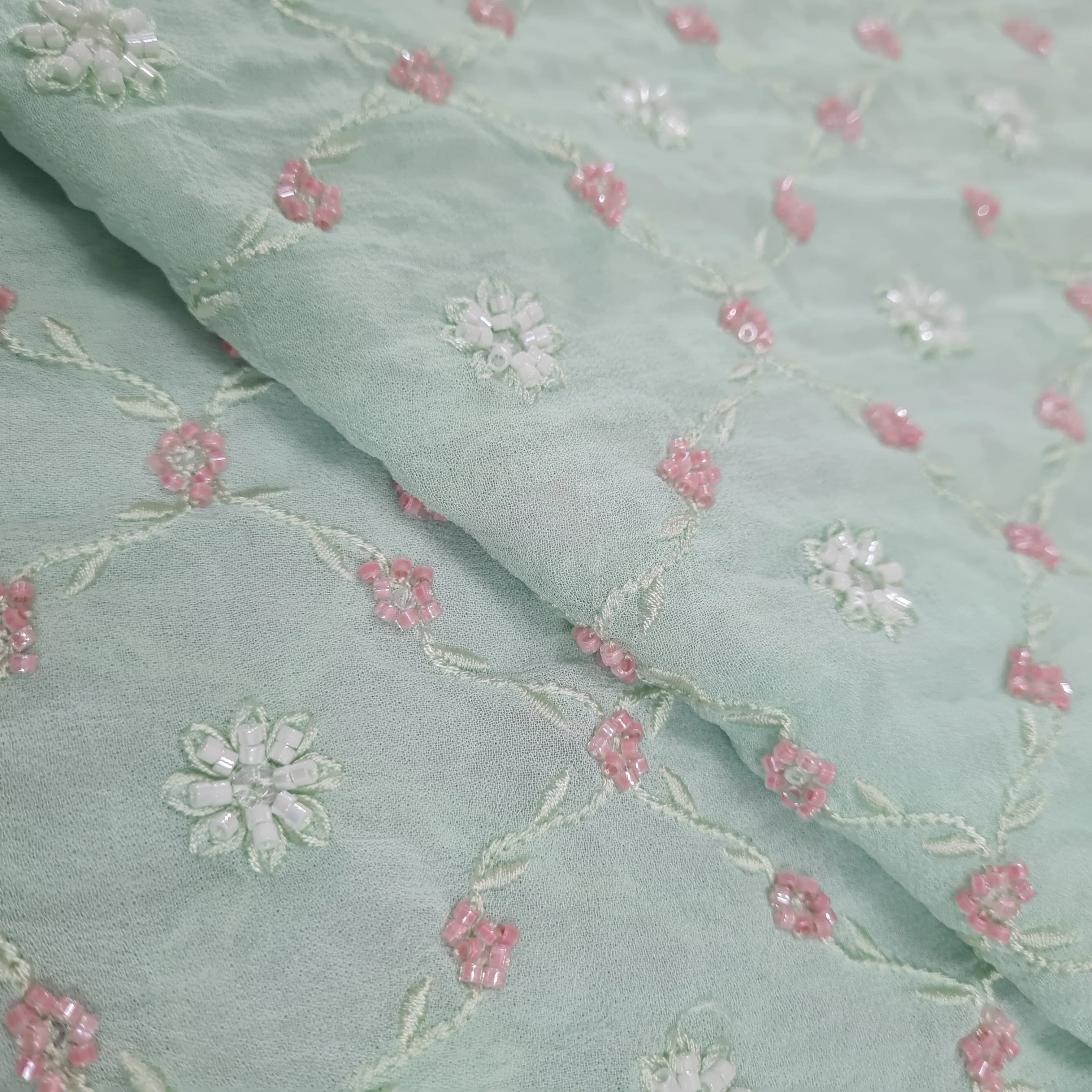 Premium Mint Green Floral CutDana Embroidery Georgette Fabric