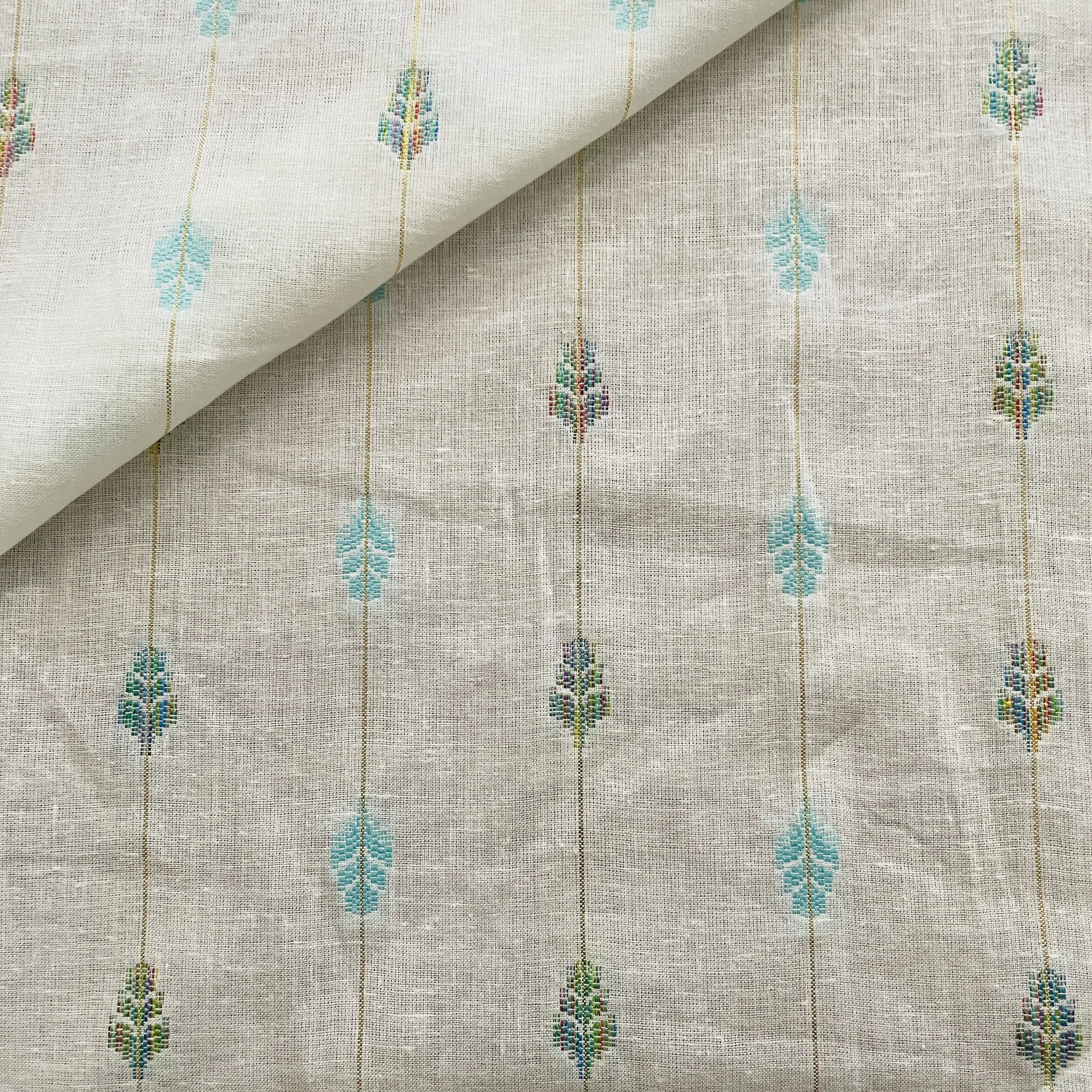 Premium OffWhite Leaves Green Dobby Embroidery Dyeable Cotton Fabric