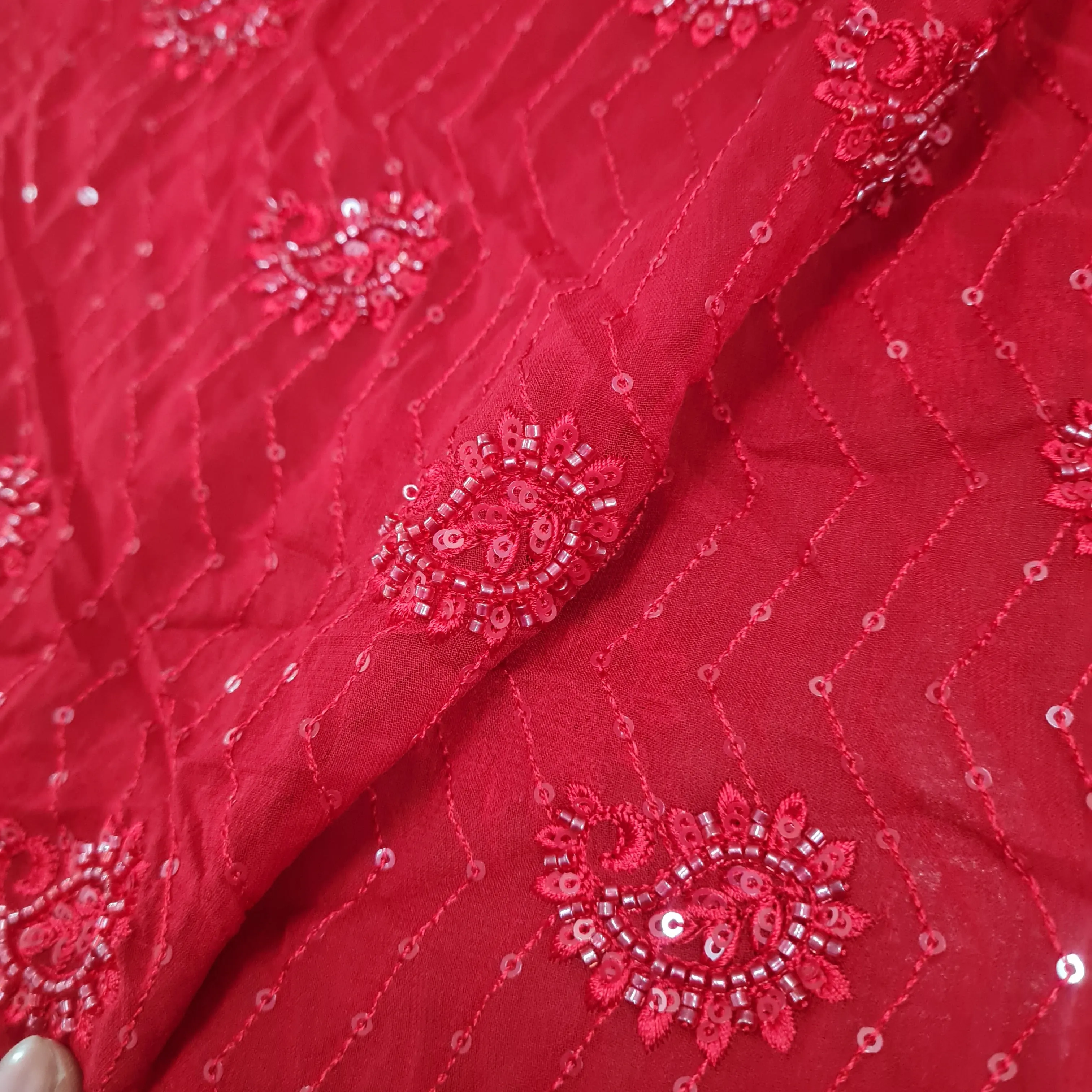 Premium Red Floral CutDana Embroidery Georgette Fabric