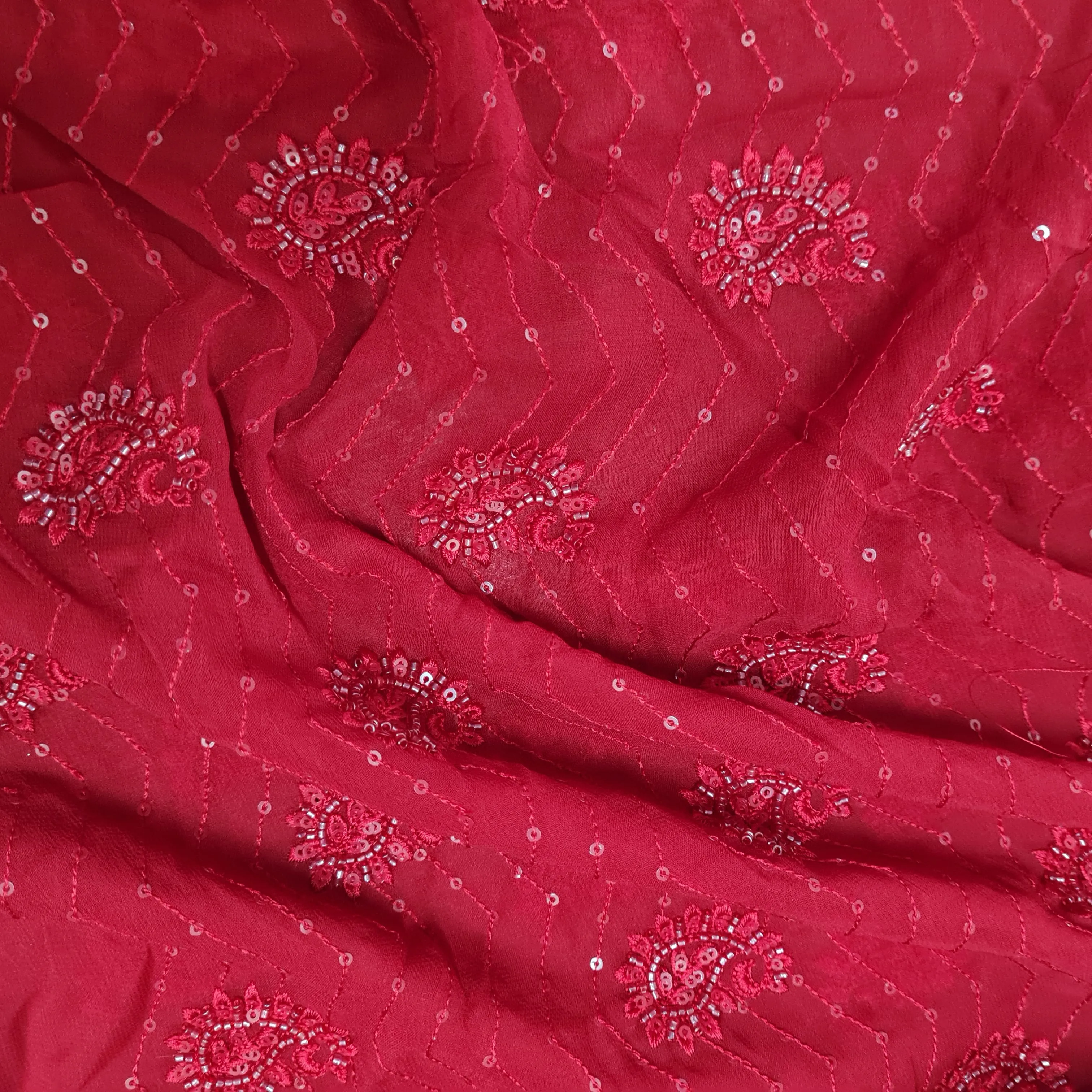 Premium Red Floral CutDana Embroidery Georgette Fabric