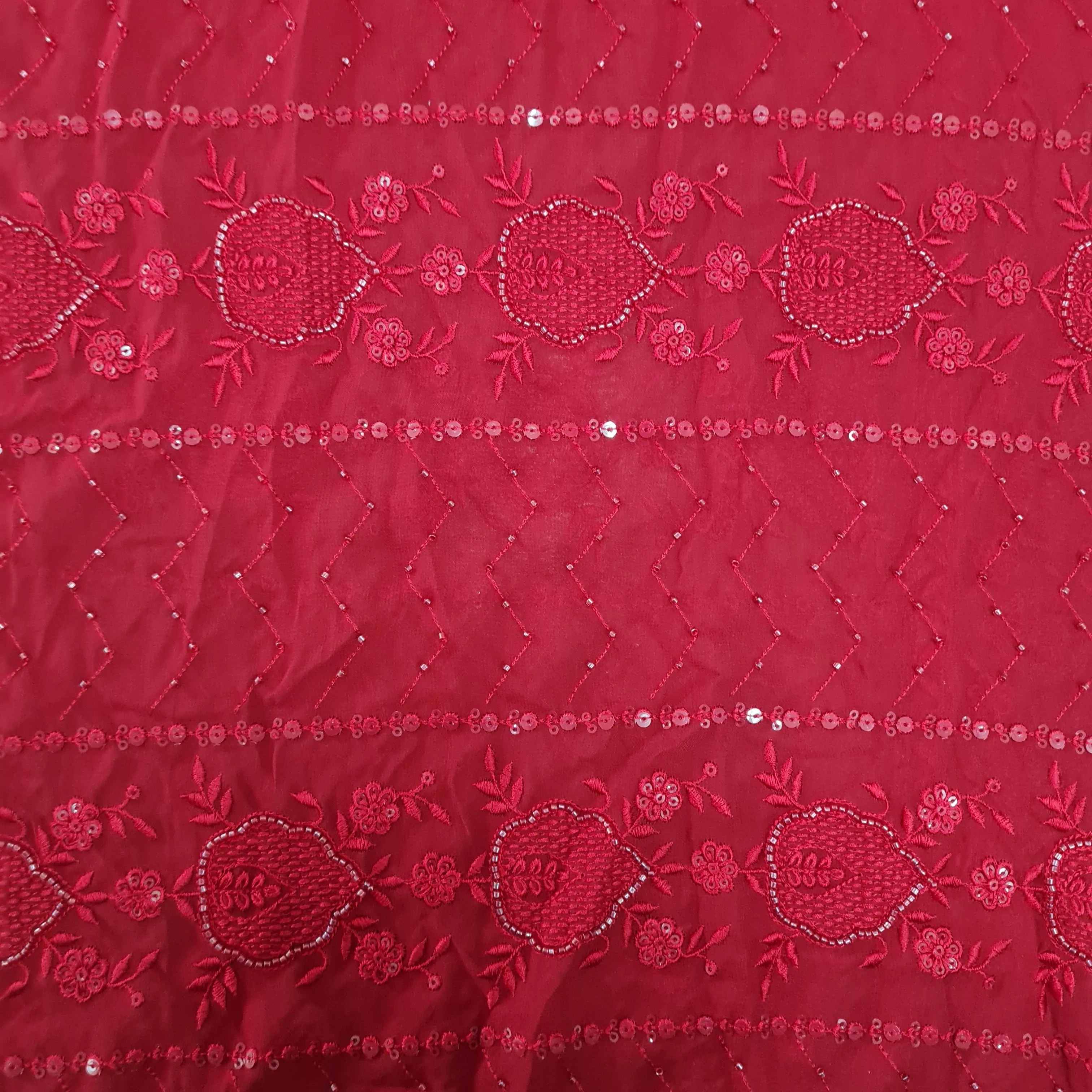 Premium Red Tropical CutDana Embroidery Georgette Fabric