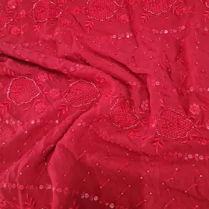 Premium Red Tropical CutDana Embroidery Georgette Fabric