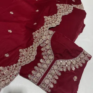 Premium Red Zari Sequins Embroidery Velvet Suit Set With Dupatta