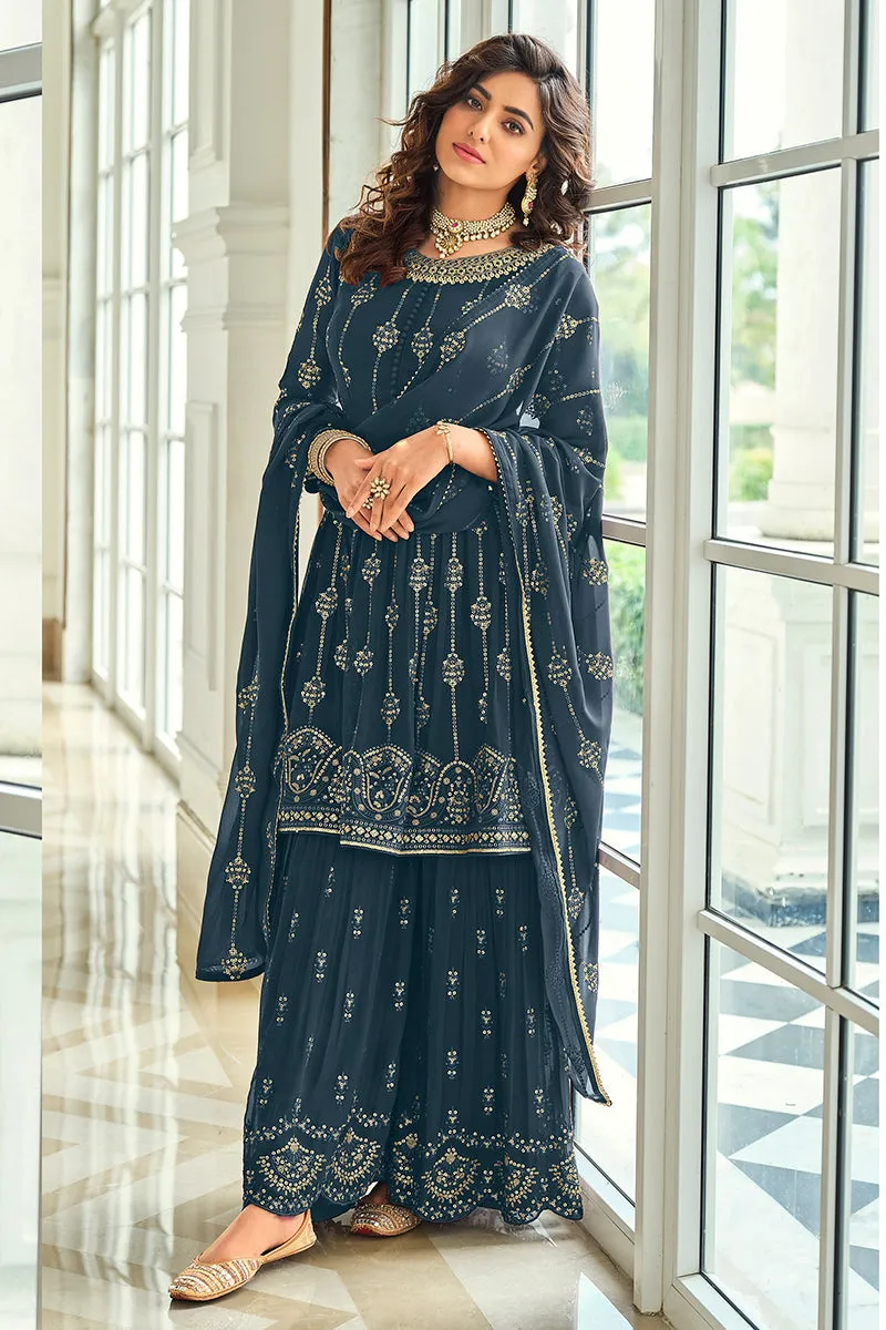 Prussian Blue Gharara Style Embroidered Peplum Suit