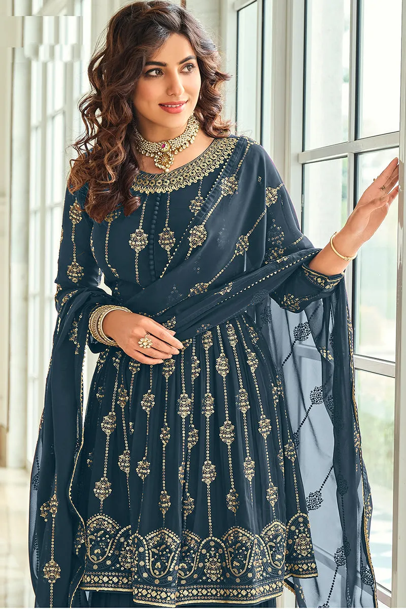 Prussian Blue Gharara Style Embroidered Peplum Suit