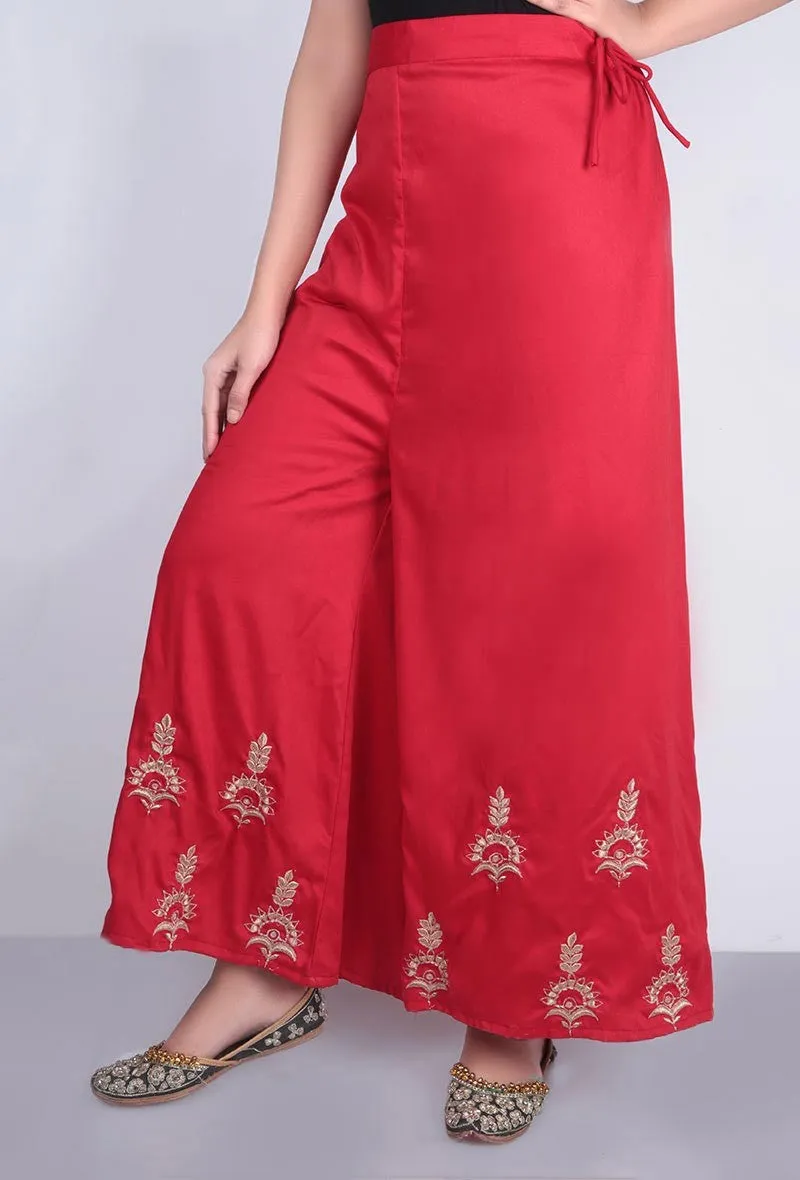 Red Zari Embroidered Kurta & Palazzo Set