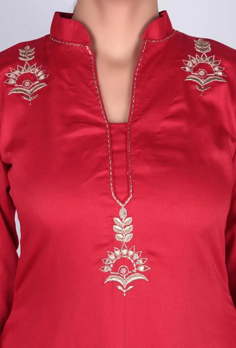 Red Zari Embroidered Kurta & Palazzo Set