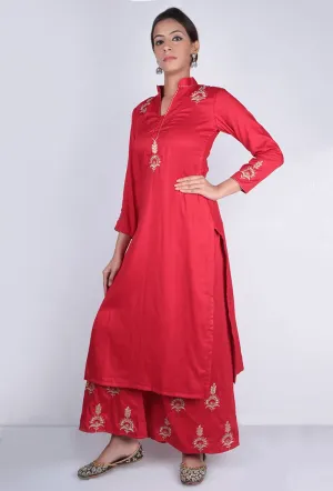 Red Zari Embroidered Kurta & Palazzo Set