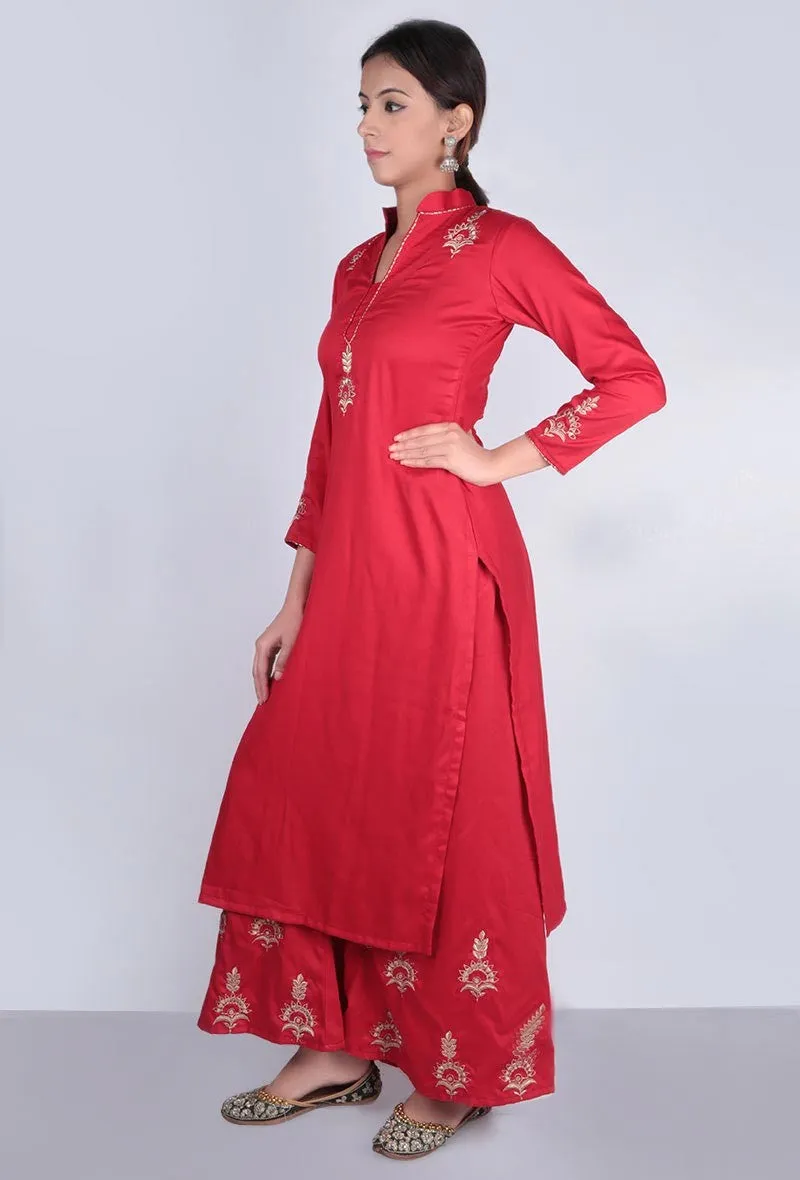 Red Zari Embroidered Kurta & Palazzo Set