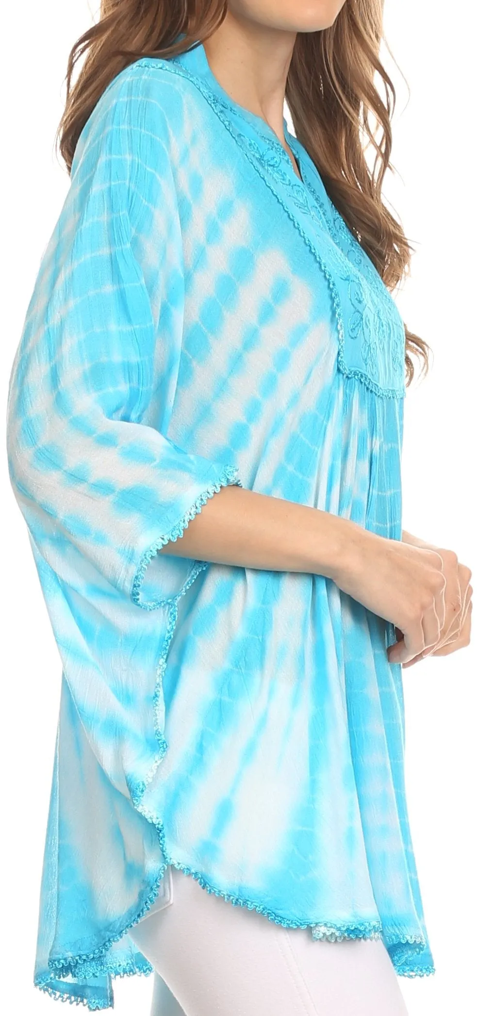 Sakkas Aneko Tie Dye Circle Poncho Blouse Top With Floral Emrbroidery And V Neck