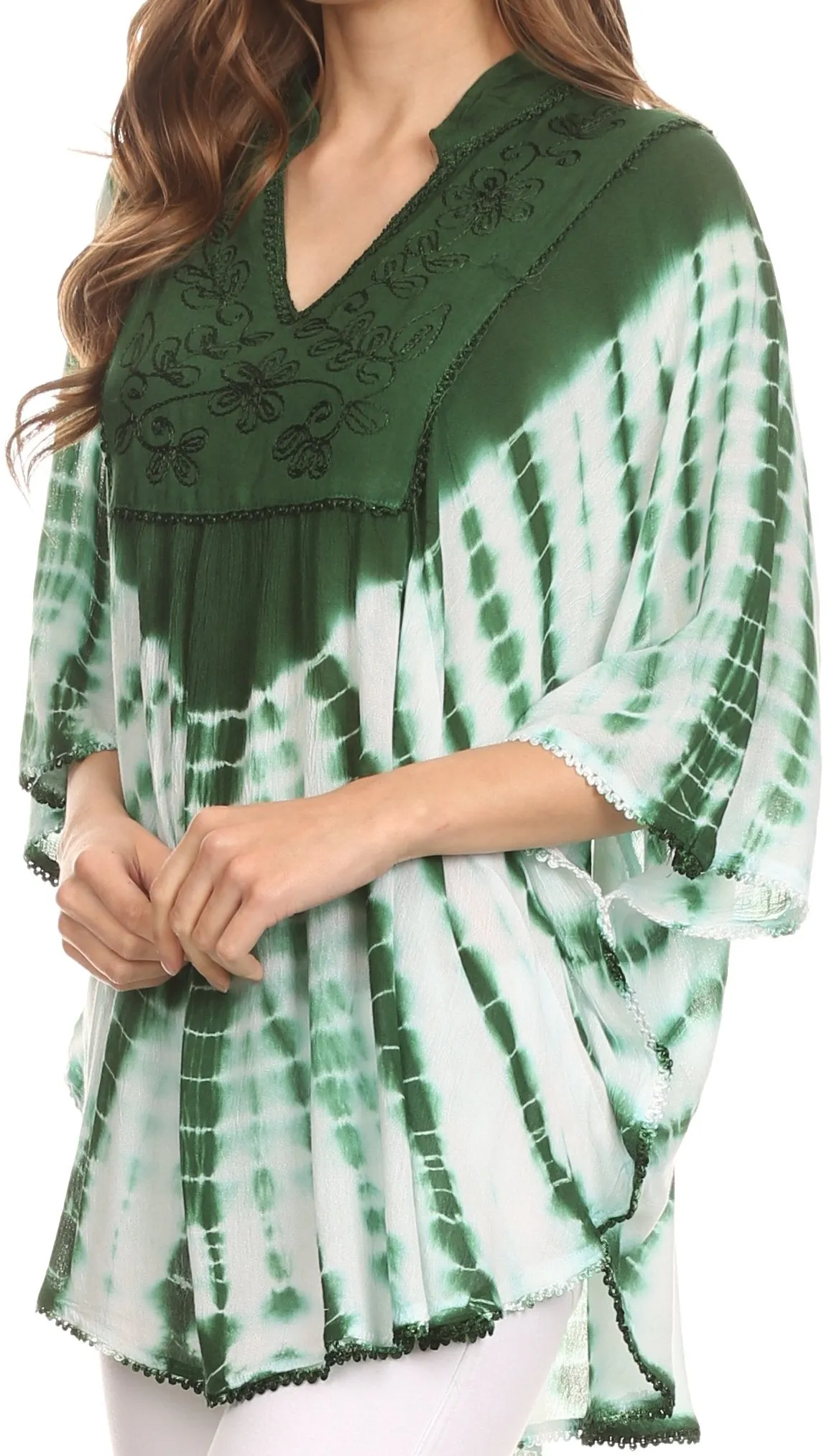 Sakkas Aneko Tie Dye Circle Poncho Blouse Top With Floral Emrbroidery And V Neck