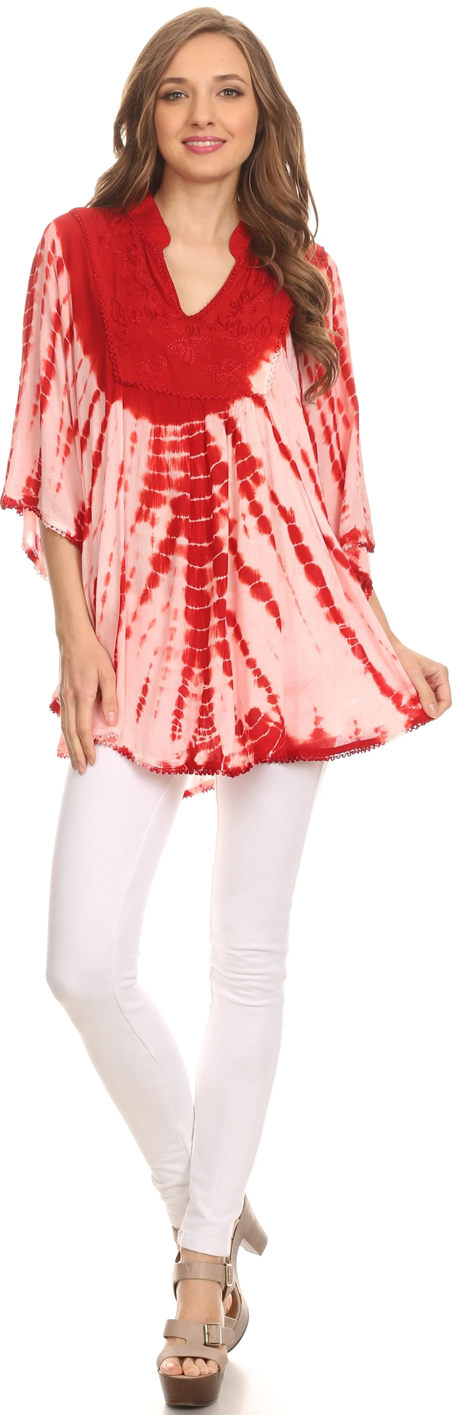 Sakkas Aneko Tie Dye Circle Poncho Blouse Top With Floral Emrbroidery And V Neck