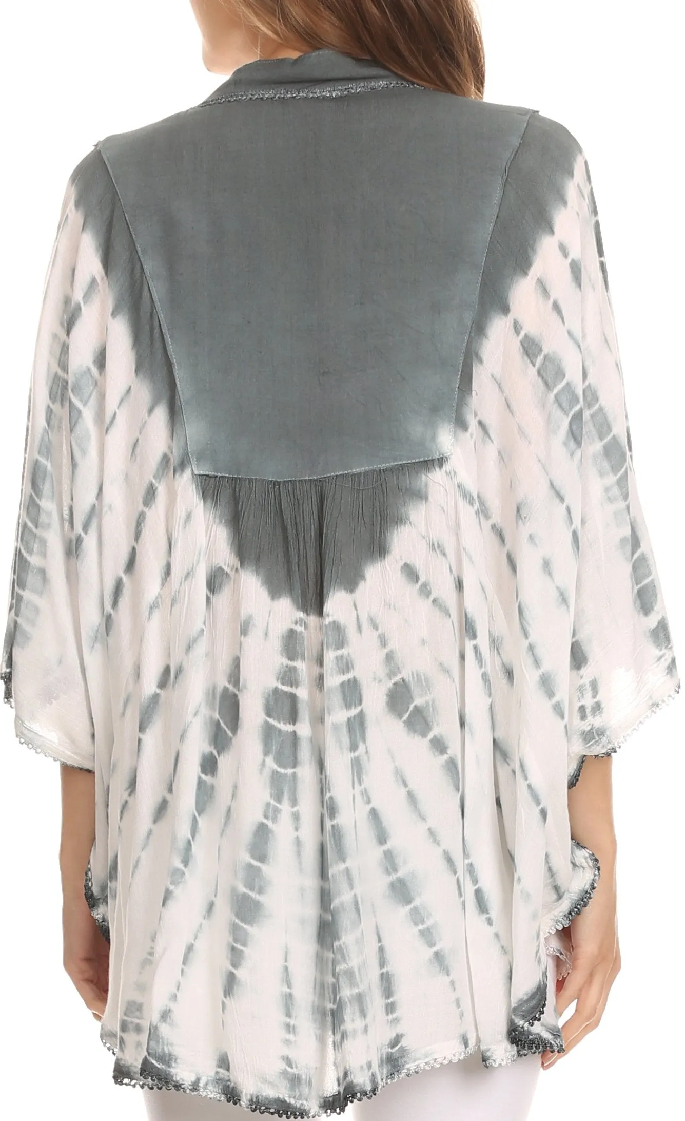 Sakkas Aneko Tie Dye Circle Poncho Blouse Top With Floral Emrbroidery And V Neck