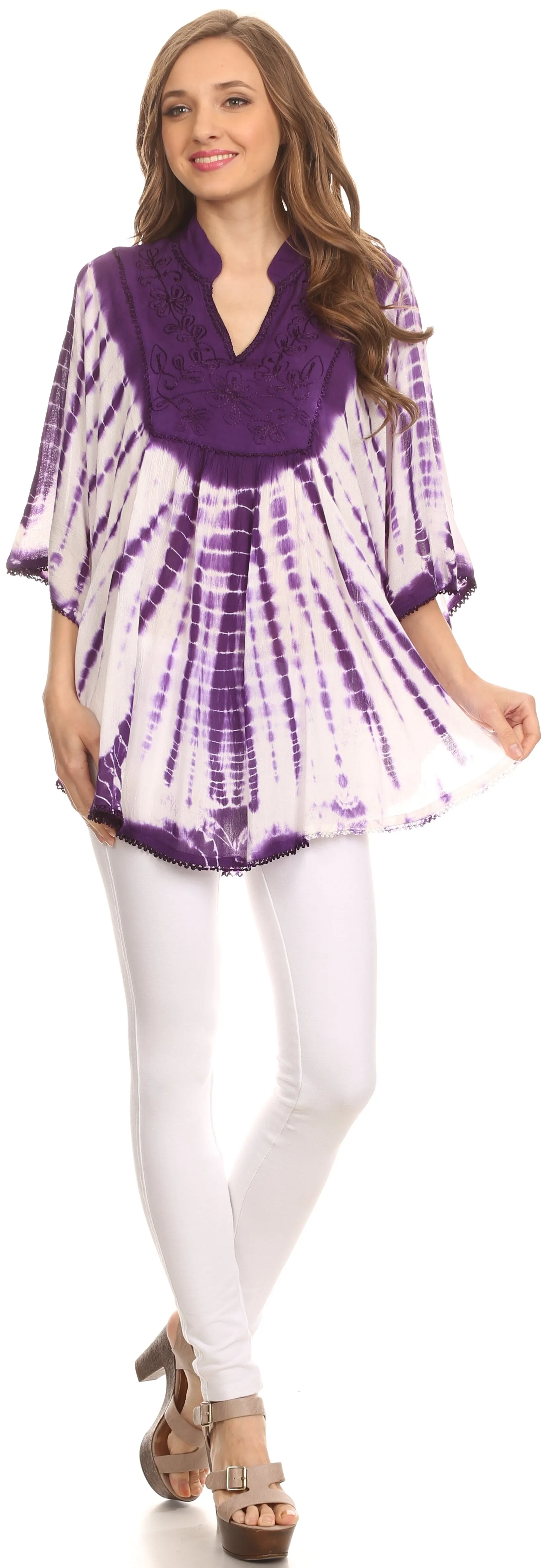 Sakkas Aneko Tie Dye Circle Poncho Blouse Top With Floral Emrbroidery And V Neck