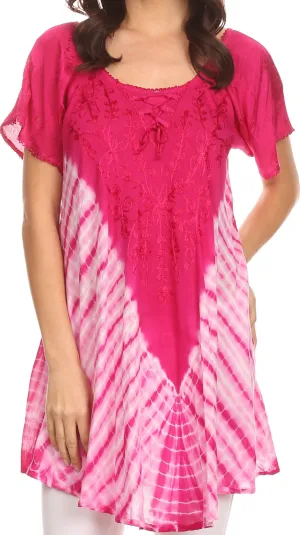 Sakkas D7037 - Cara Wide Embroidered Top Blouse Shirt With Crochet Neck Draped Cap Sleeves - Fuscia - OS