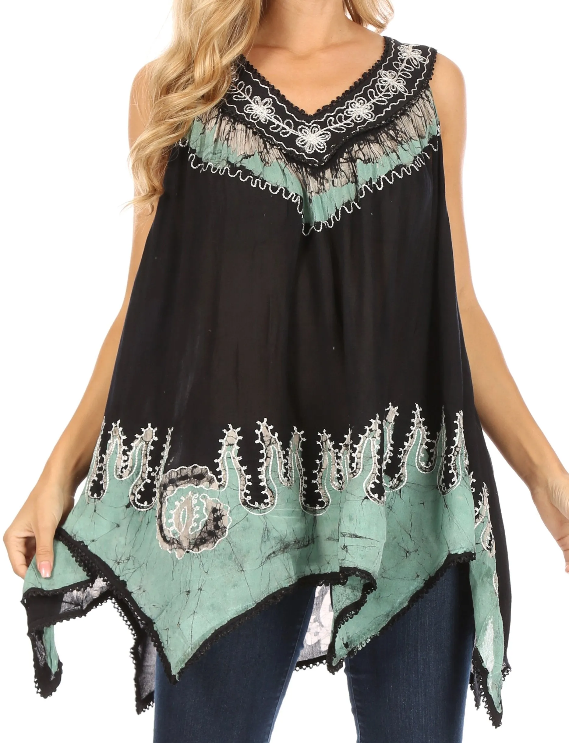 Sakkas Gaia V-neck Sleeveless Tank Top with Embroidery and Handkerchief Hem