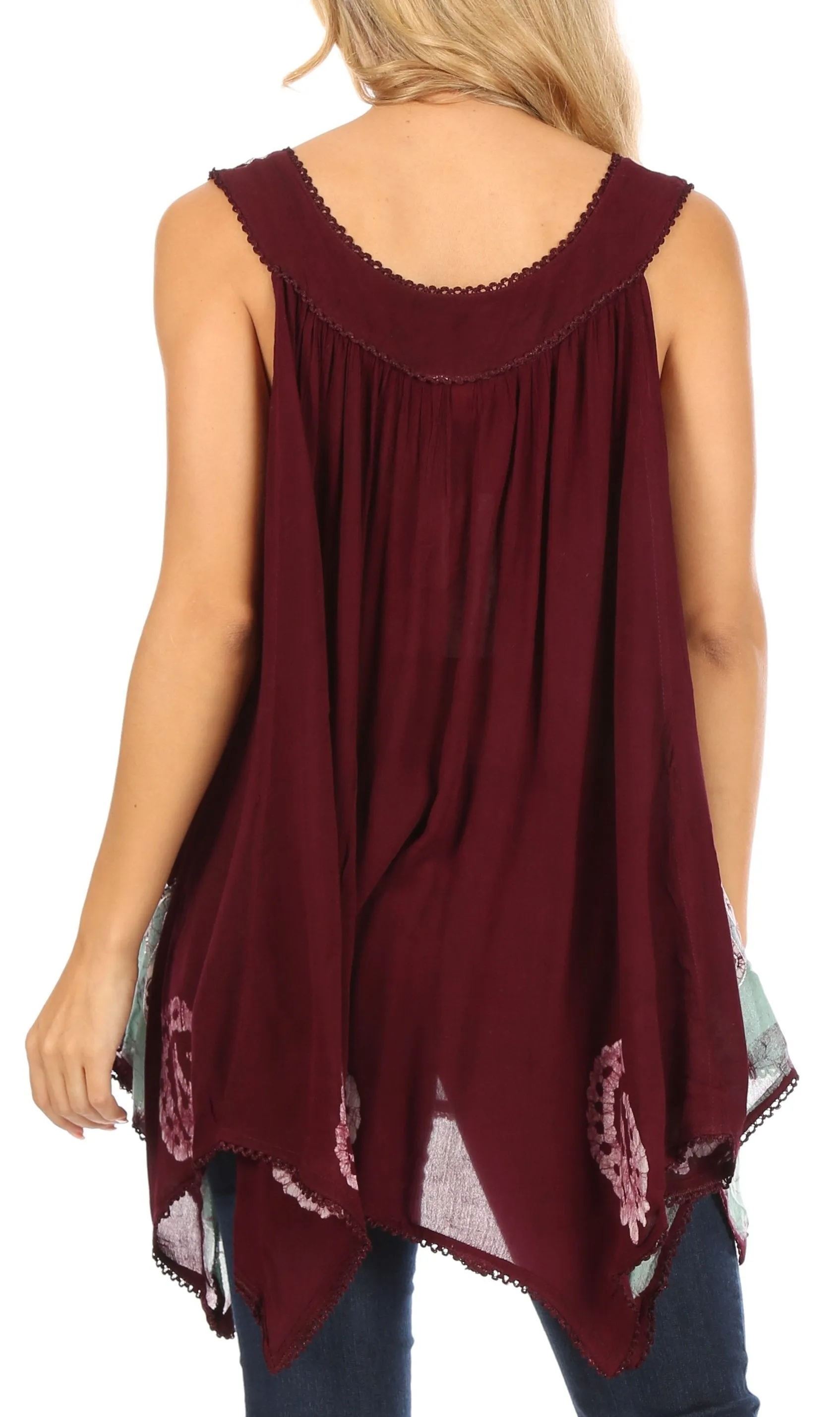 Sakkas Gaia V-neck Sleeveless Tank Top with Embroidery and Handkerchief Hem