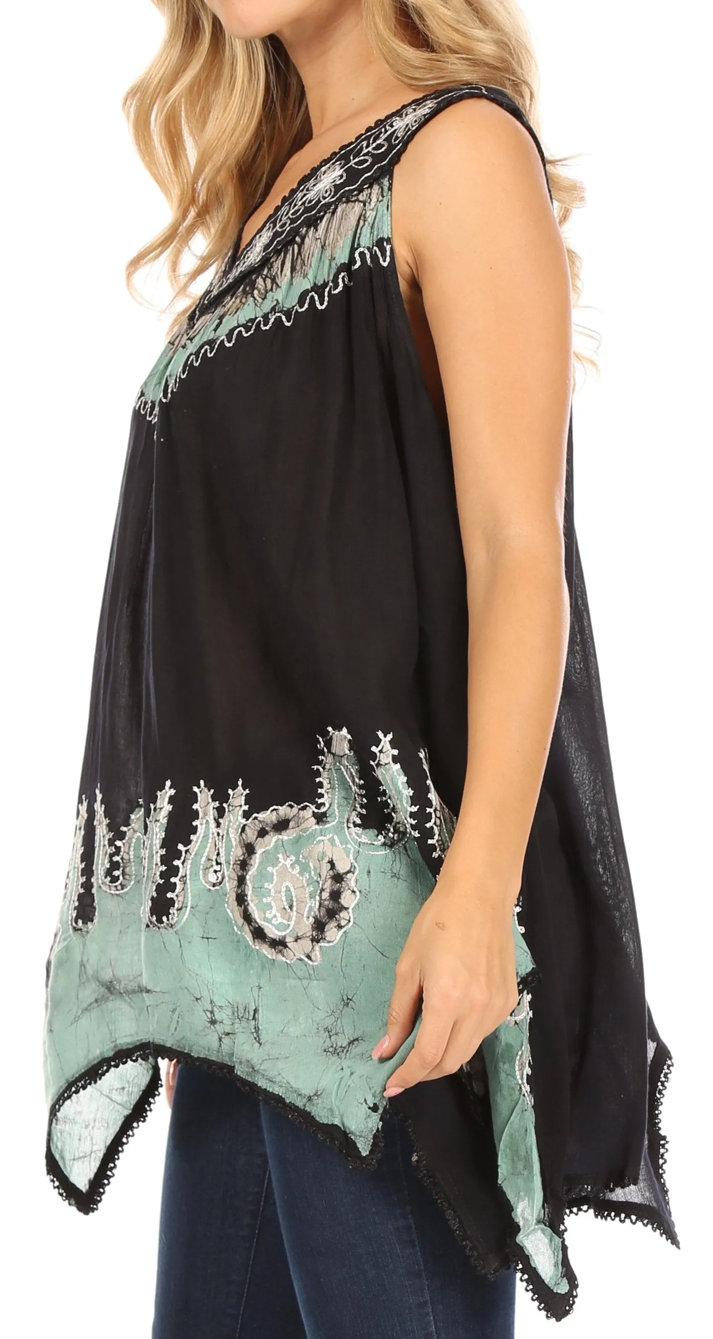 Sakkas Gaia V-neck Sleeveless Tank Top with Embroidery and Handkerchief Hem