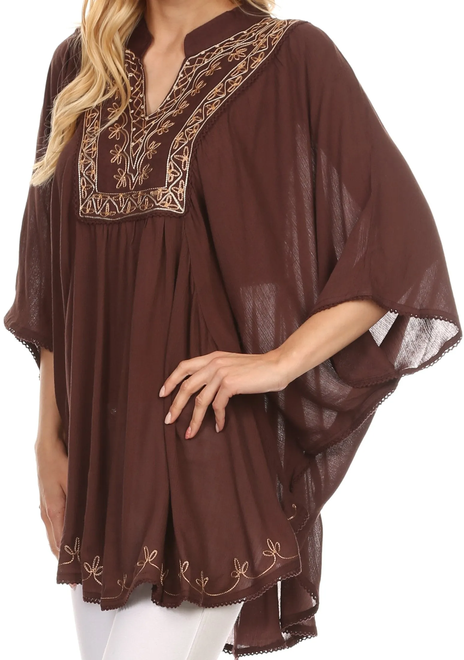 Sakkas Gicuru Wide Long Embroidered V Henley Neck Poncho Tunic Blouse Shirt Top