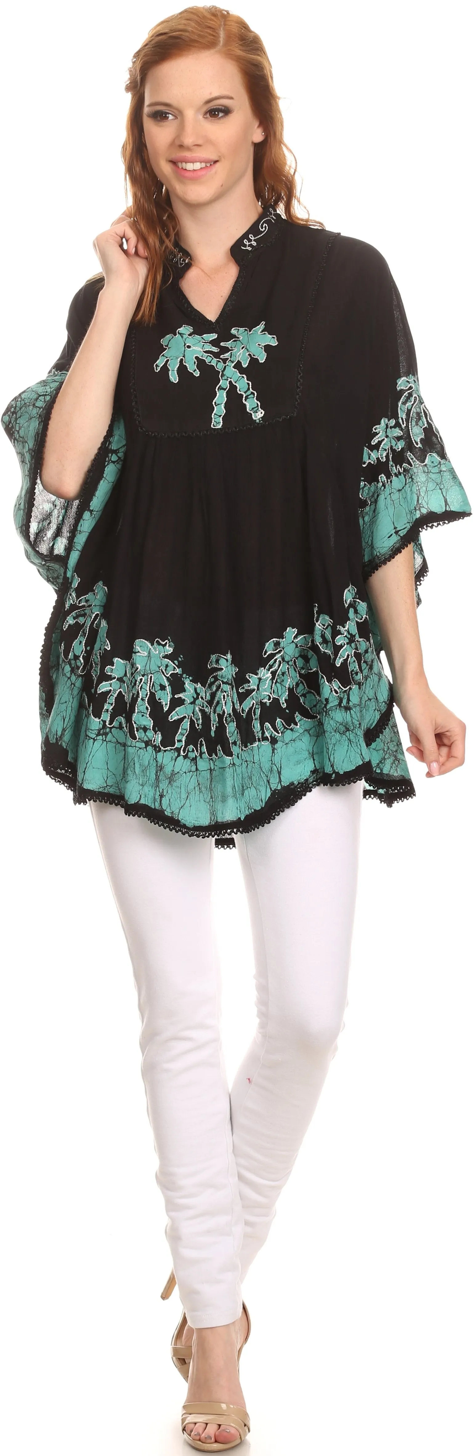 Sakkas Kevitas Long Embroiderd Palm Tree Tie Dye Tunic Blouse Shirt Poncho Top