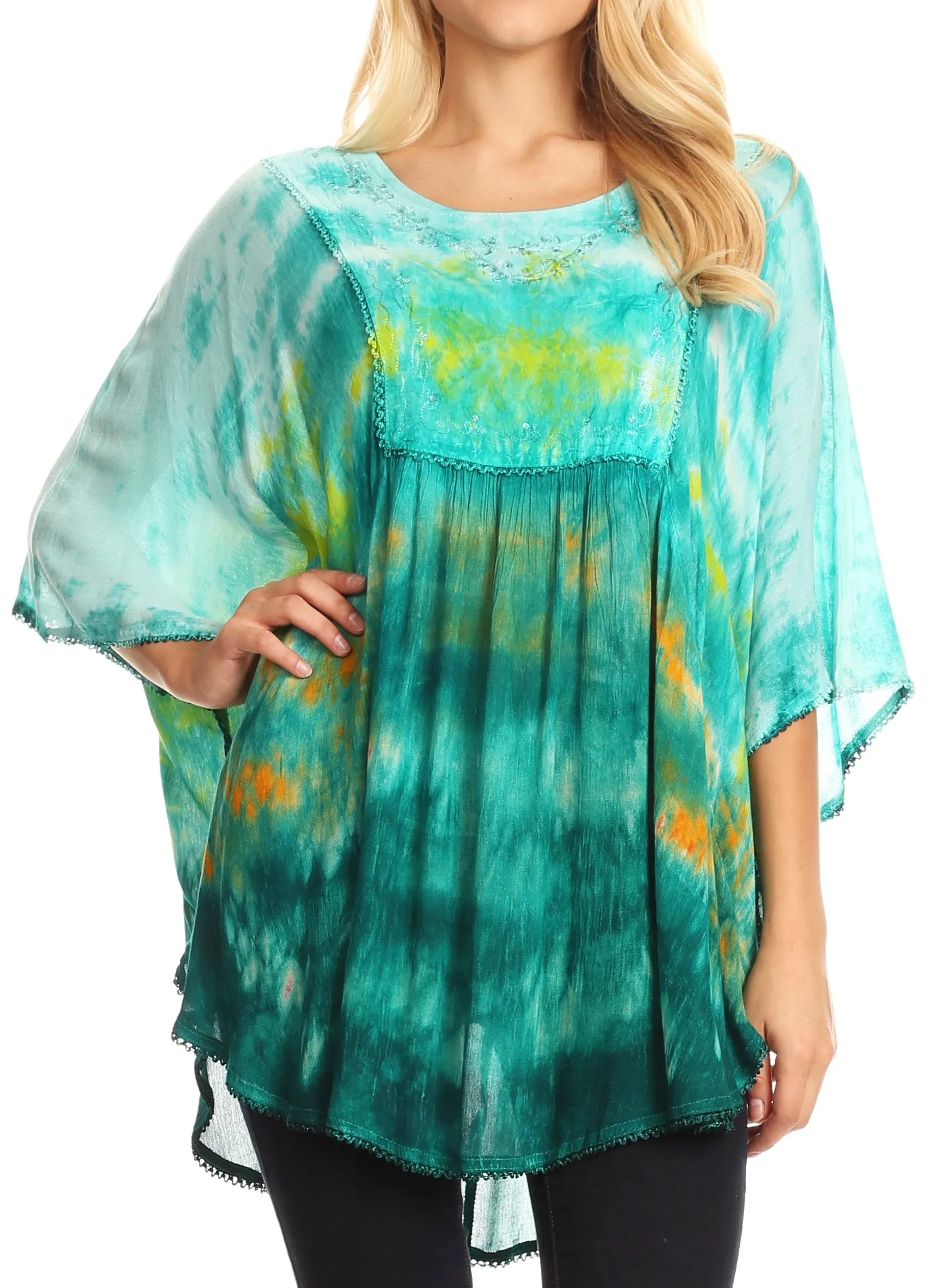 Sakkas Lepha Long Wide Multi Colored Tie Dye Sequin Embroidered Poncho Top Blouse