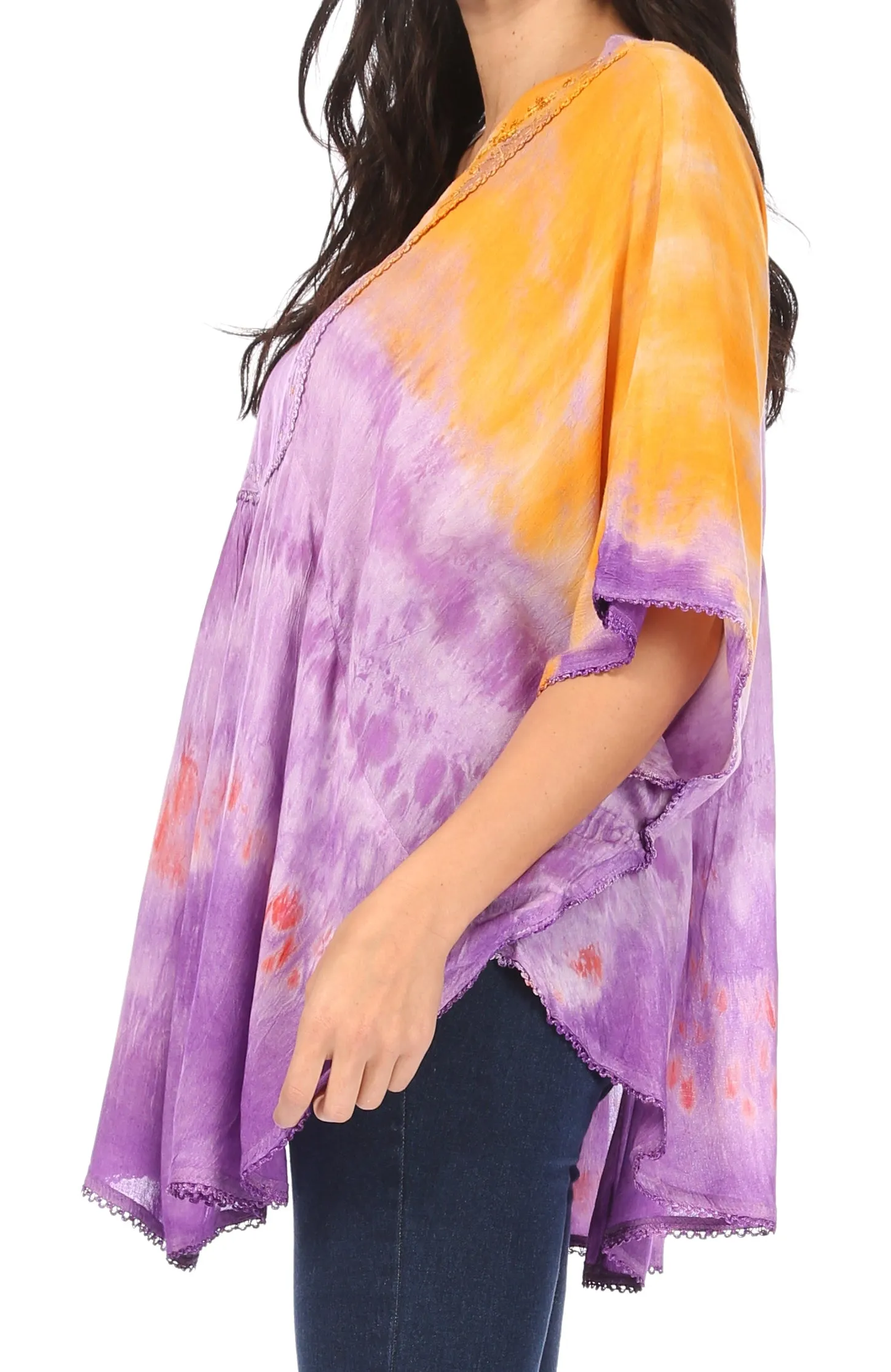 Sakkas Lepha Long Wide Multi Colored Tie Dye Sequin Embroidered Poncho Top Blouse