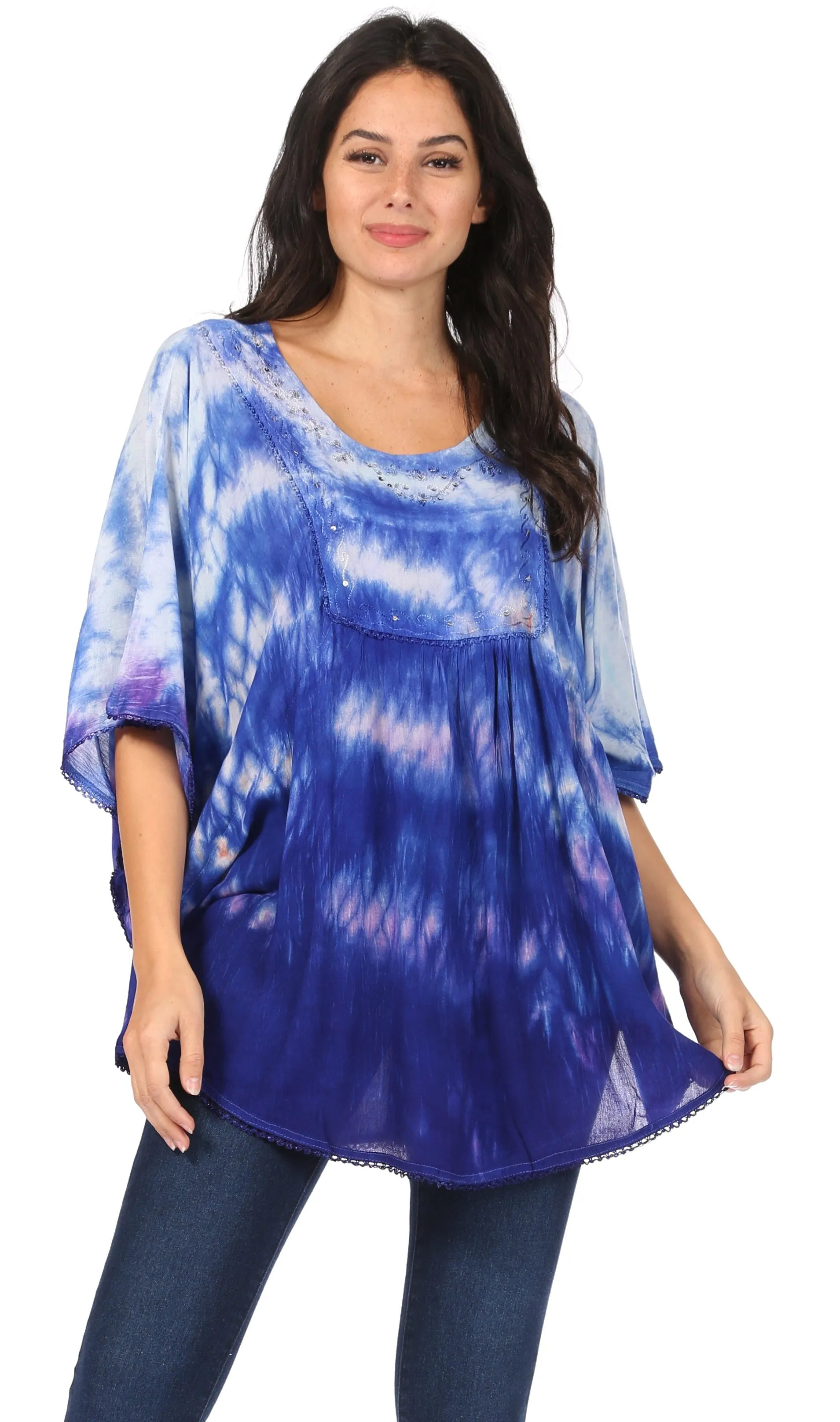 Sakkas Lepha Long Wide Multi Colored Tie Dye Sequin Embroidered Poncho Top Blouse