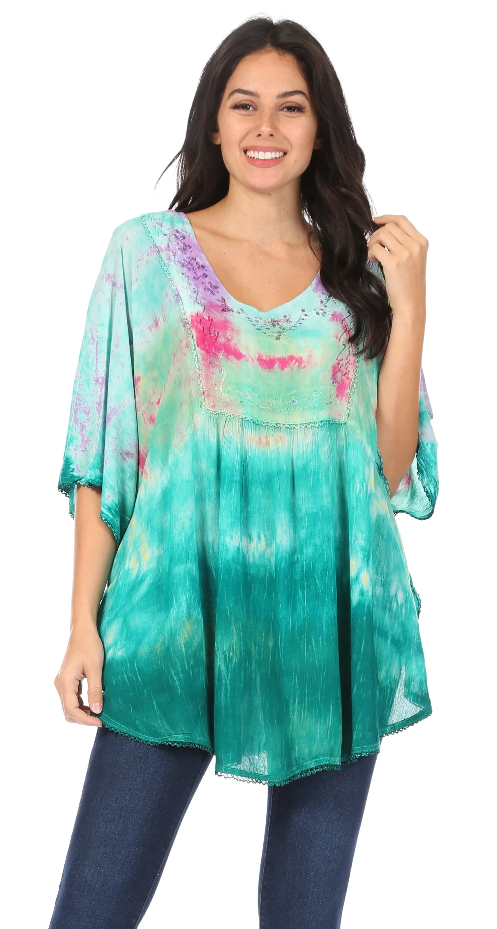 Sakkas Lepha Long Wide Multi Colored Tie Dye Sequin Embroidered Poncho Top Blouse