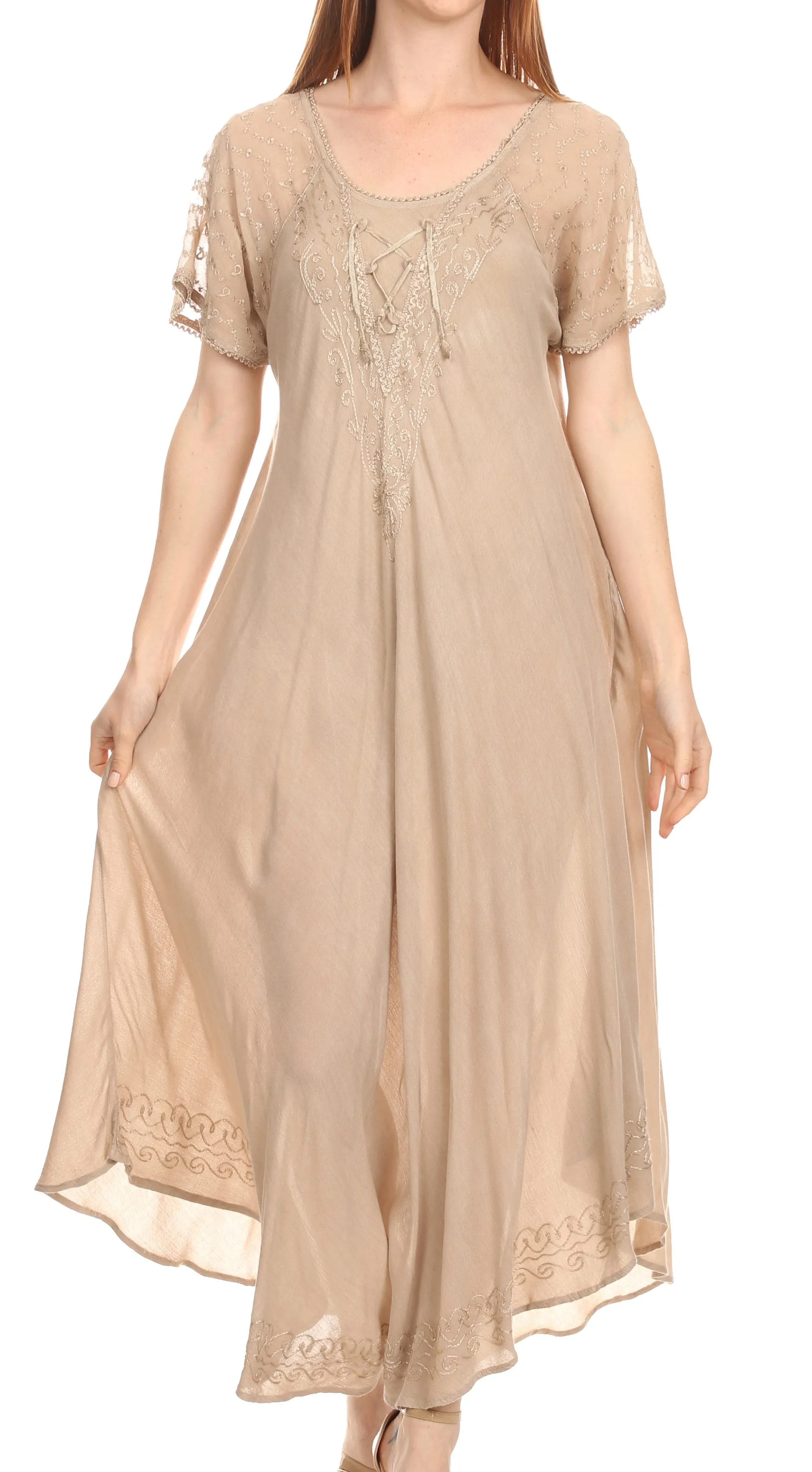 Sakkas Shasta Lace Embroidered Cap Sleeves Long Caftan Dress / Cover Up