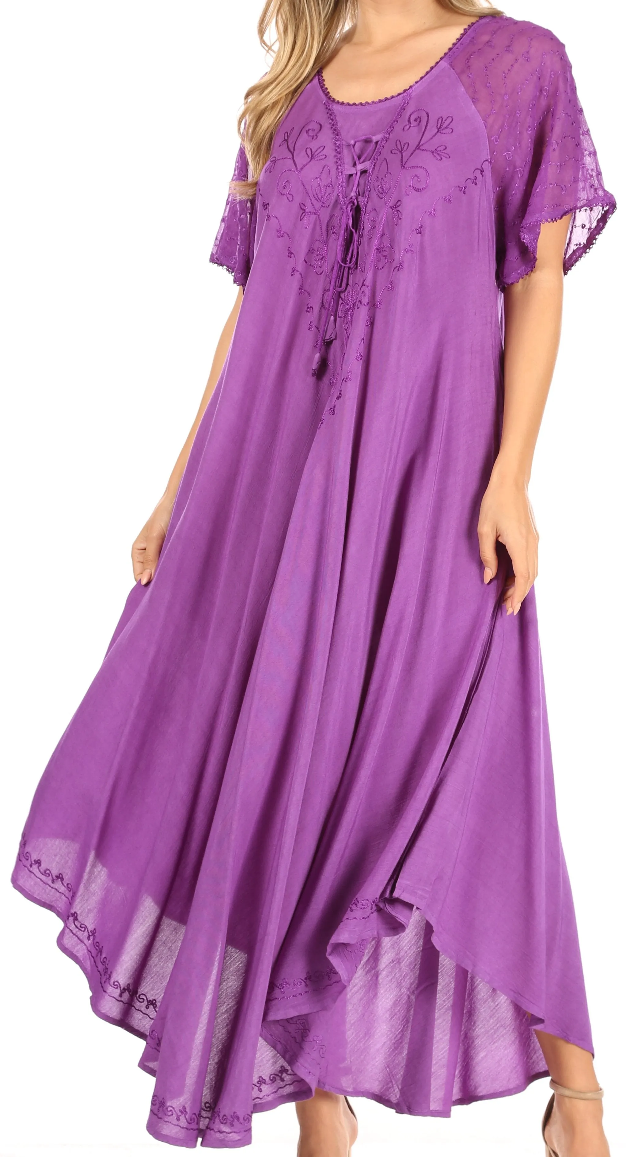 Sakkas Shasta Lace Embroidered Cap Sleeves Long Caftan Dress / Cover Up