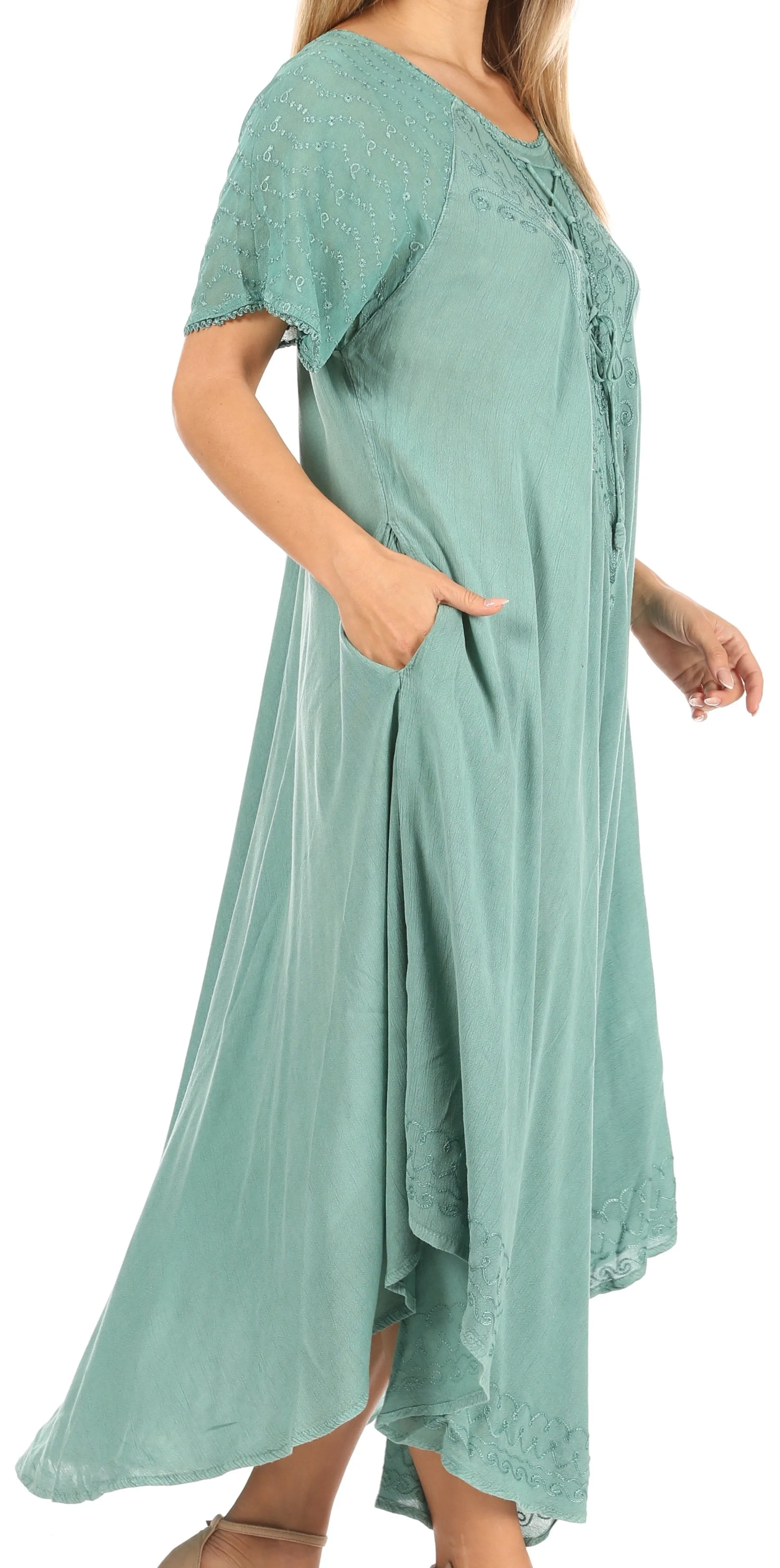 Sakkas Shasta Lace Embroidered Cap Sleeves Long Caftan Dress / Cover Up