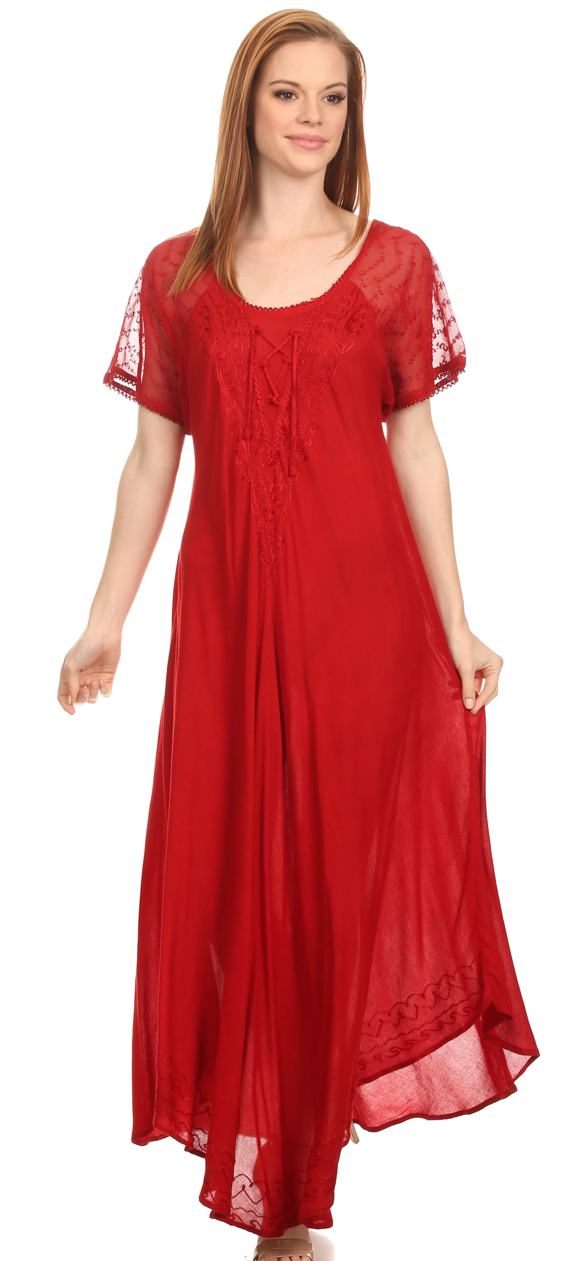 Sakkas Shasta Lace Embroidered Cap Sleeves Long Caftan Dress / Cover Up