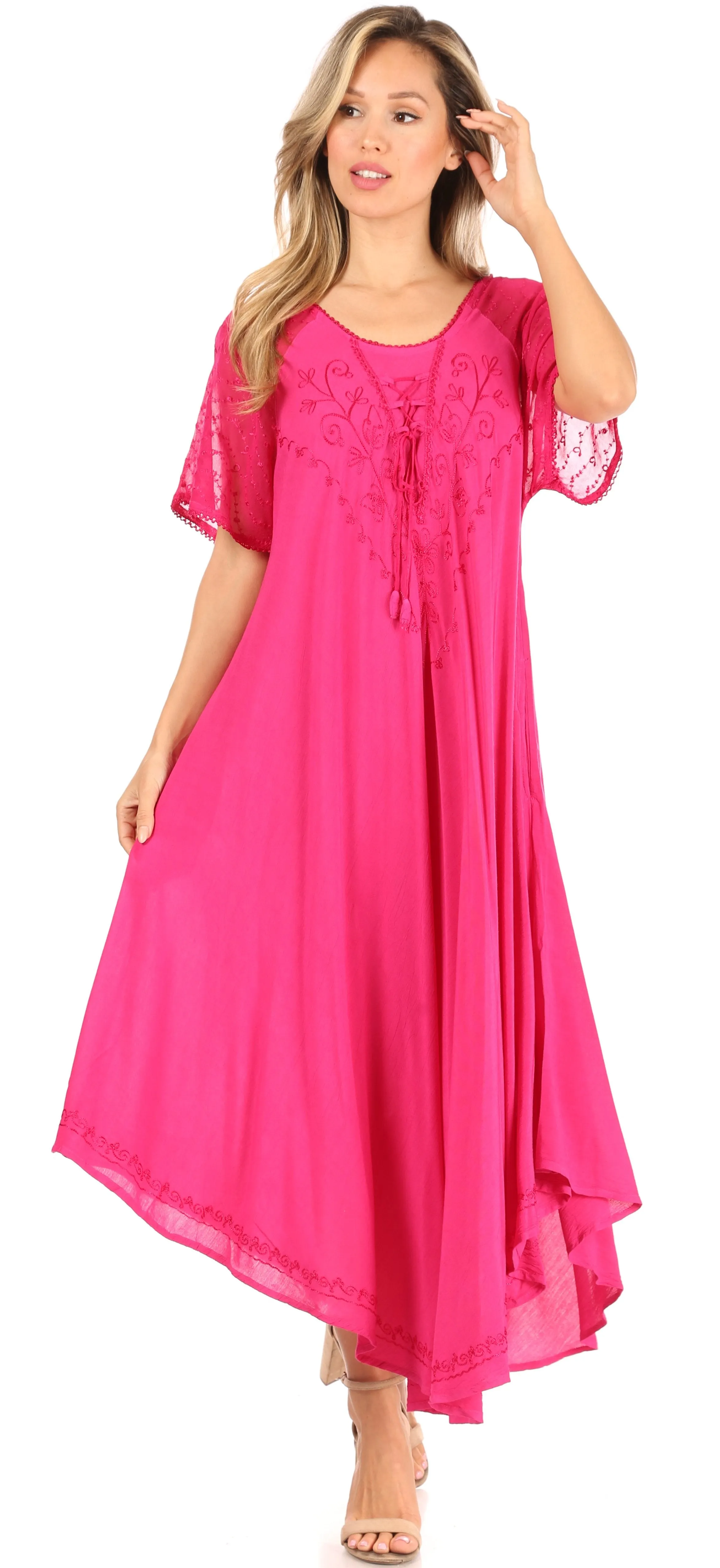 Sakkas Shasta Lace Embroidered Cap Sleeves Long Caftan Dress / Cover Up