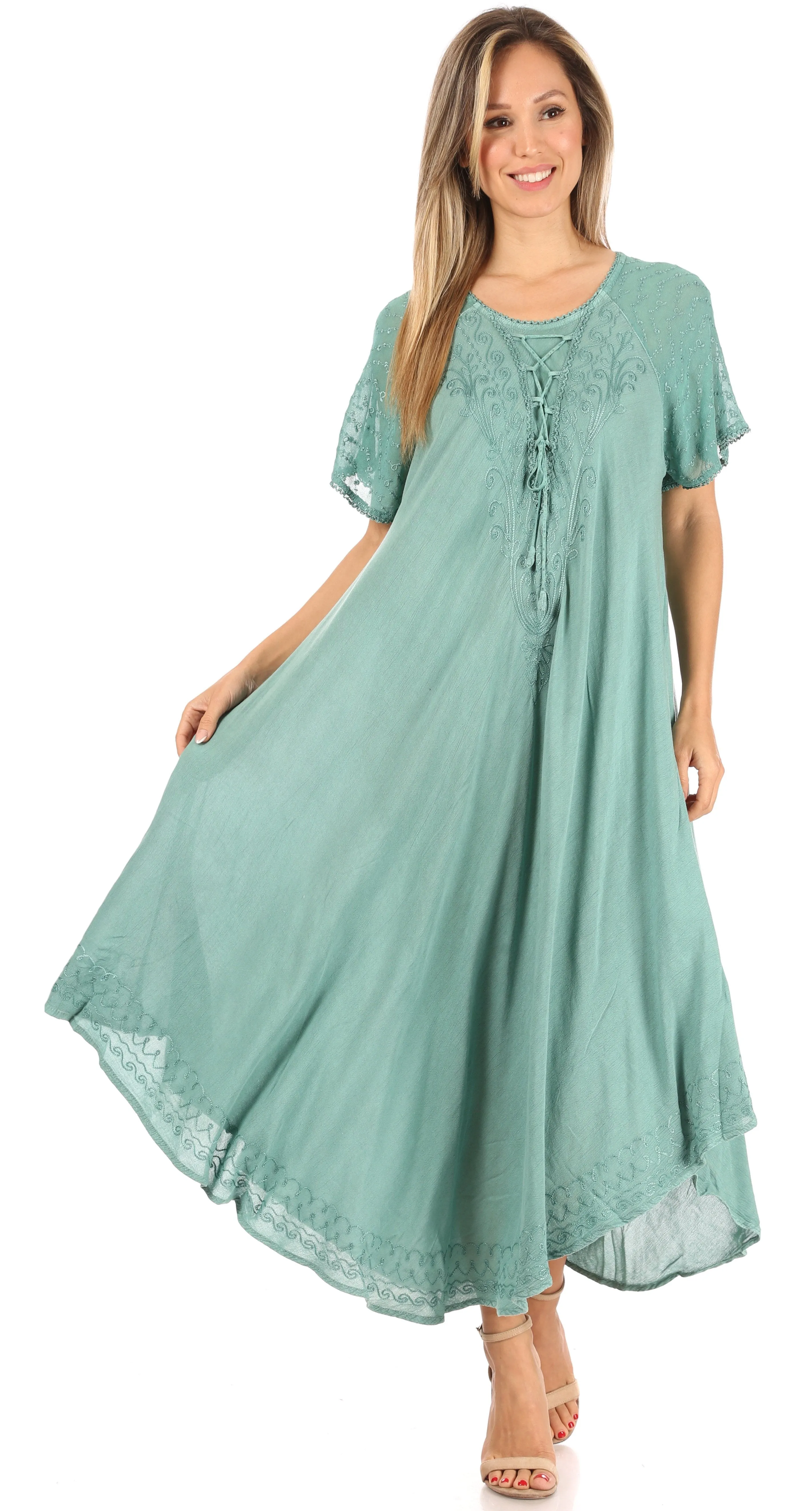 Sakkas Shasta Lace Embroidered Cap Sleeves Long Caftan Dress / Cover Up