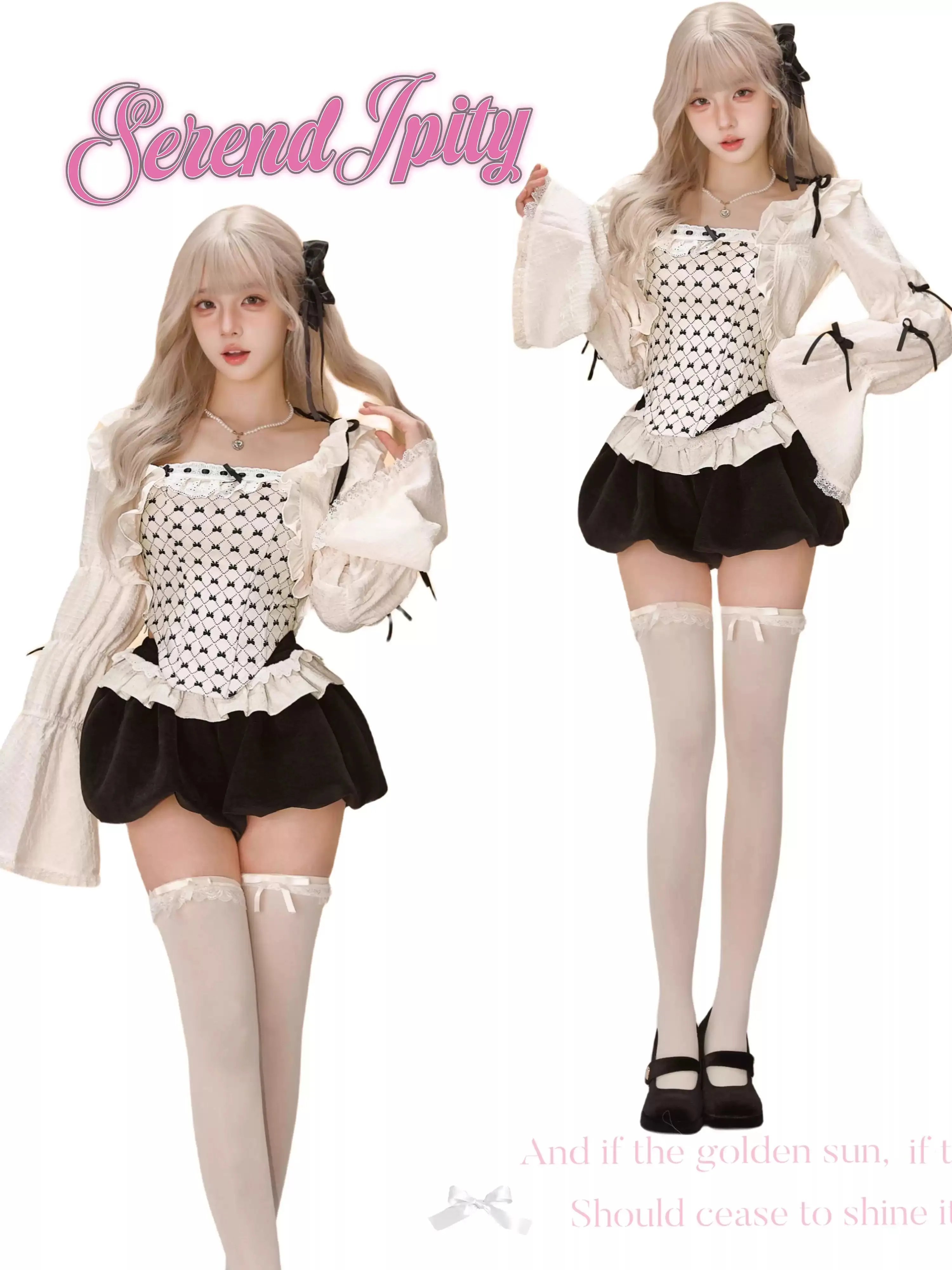 Serendipity Doll Series Cream Bow Corset & Cardigan & Black Velvet Bloomers Three Piece Set