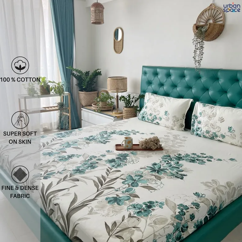 Serene 200 TC 100% Cotton Single Printed Bedsheet with Pillow Covers - Majestic Green