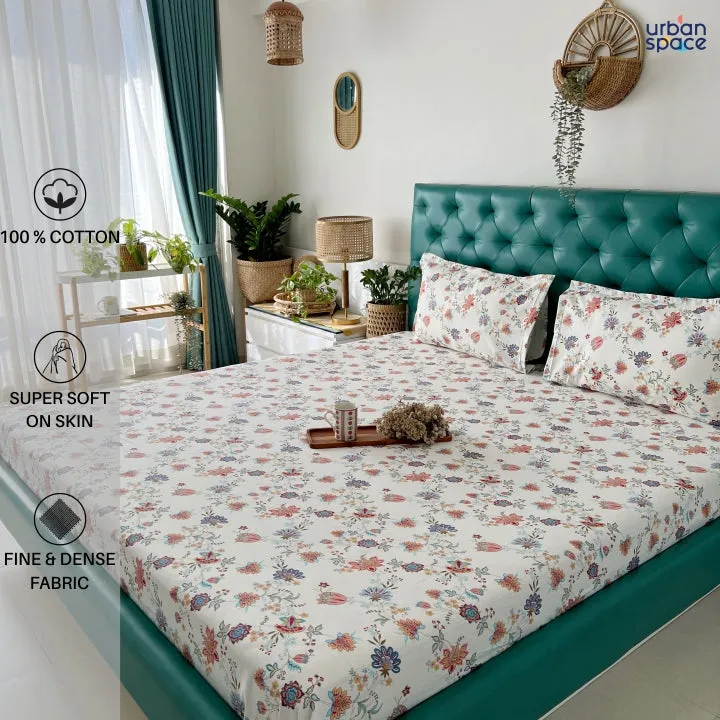 Serene 200 TC 100% Cotton Single Printed Bedsheet with Pillow Covers - Paradise Peach & Blue