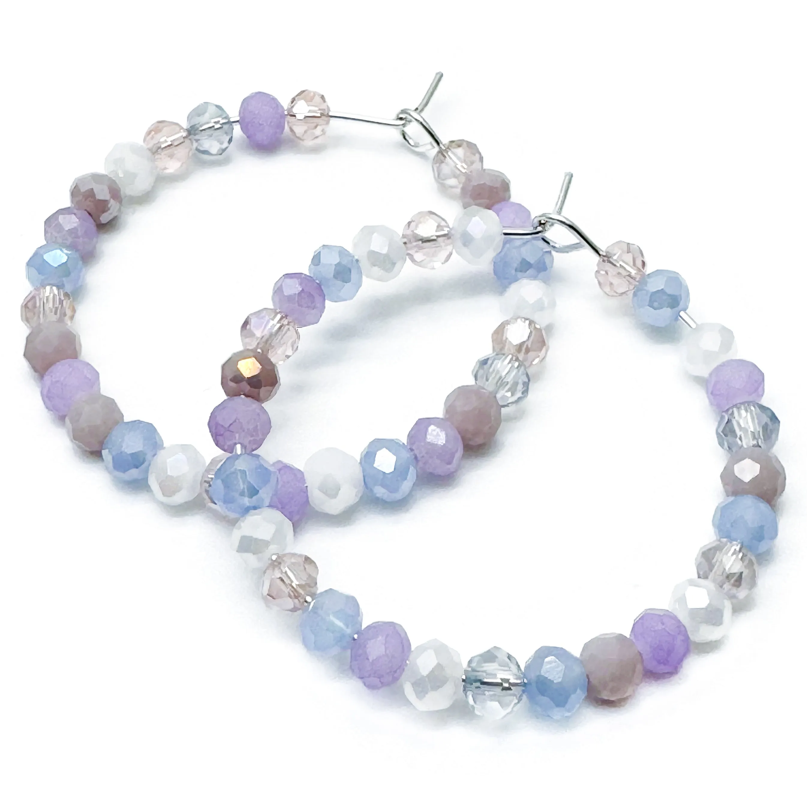 Shimmery Pastel Faceted Glass Bead Silver Plated Hoops 35mm