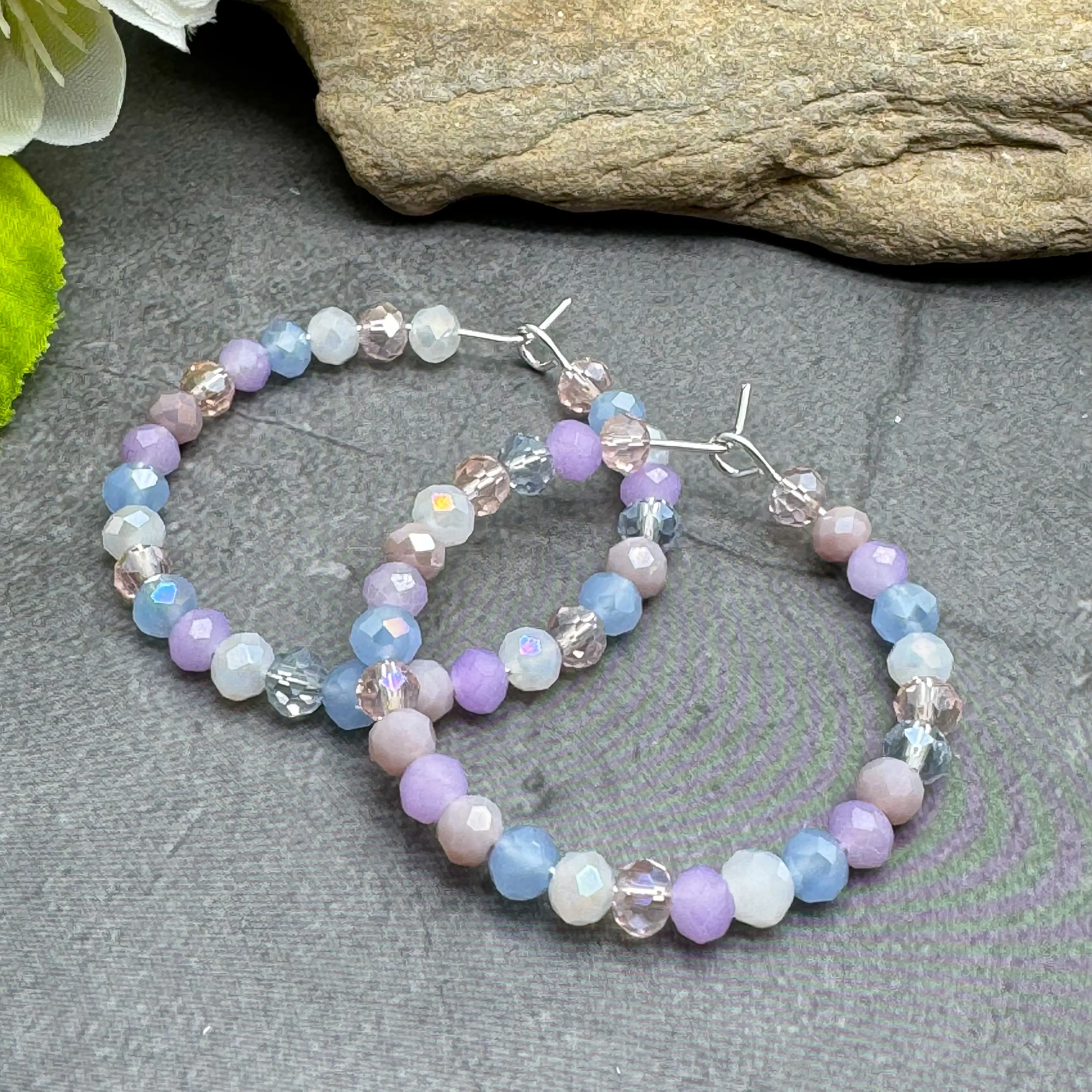 Shimmery Pastel Faceted Glass Bead Silver Plated Hoops 35mm