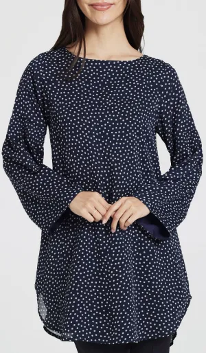 Sundus Long Chiffon Print Modest Top - Navy Dot